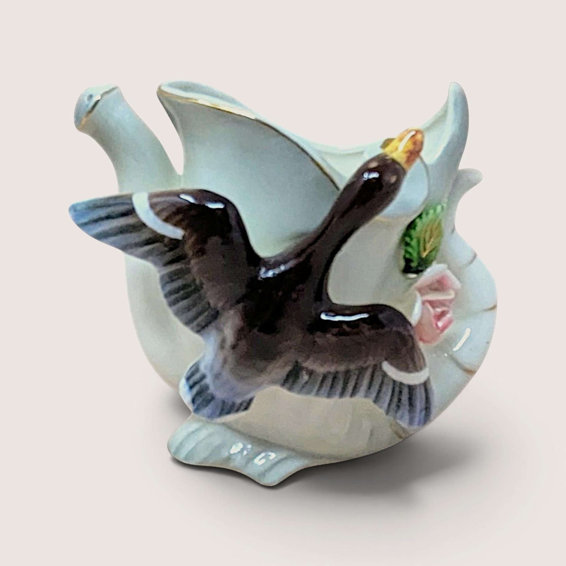 Vintage Thames hand-painted ceramic duck watering can vase with gold accents standing 4.25 inches tall.