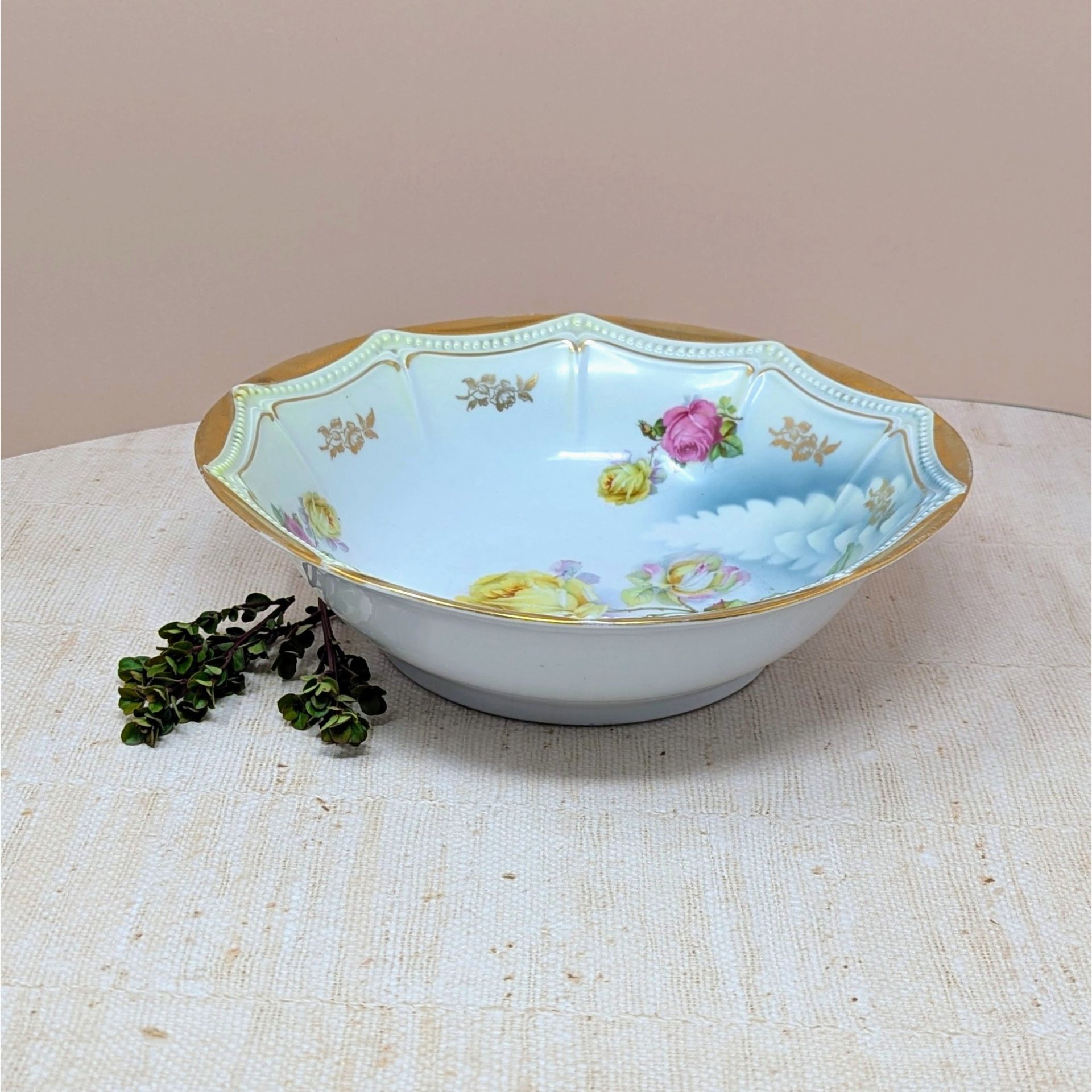 Antique P.K. Silesia Floral Porcelain Bowl – Edwardian Romantic Serene Centerpiece