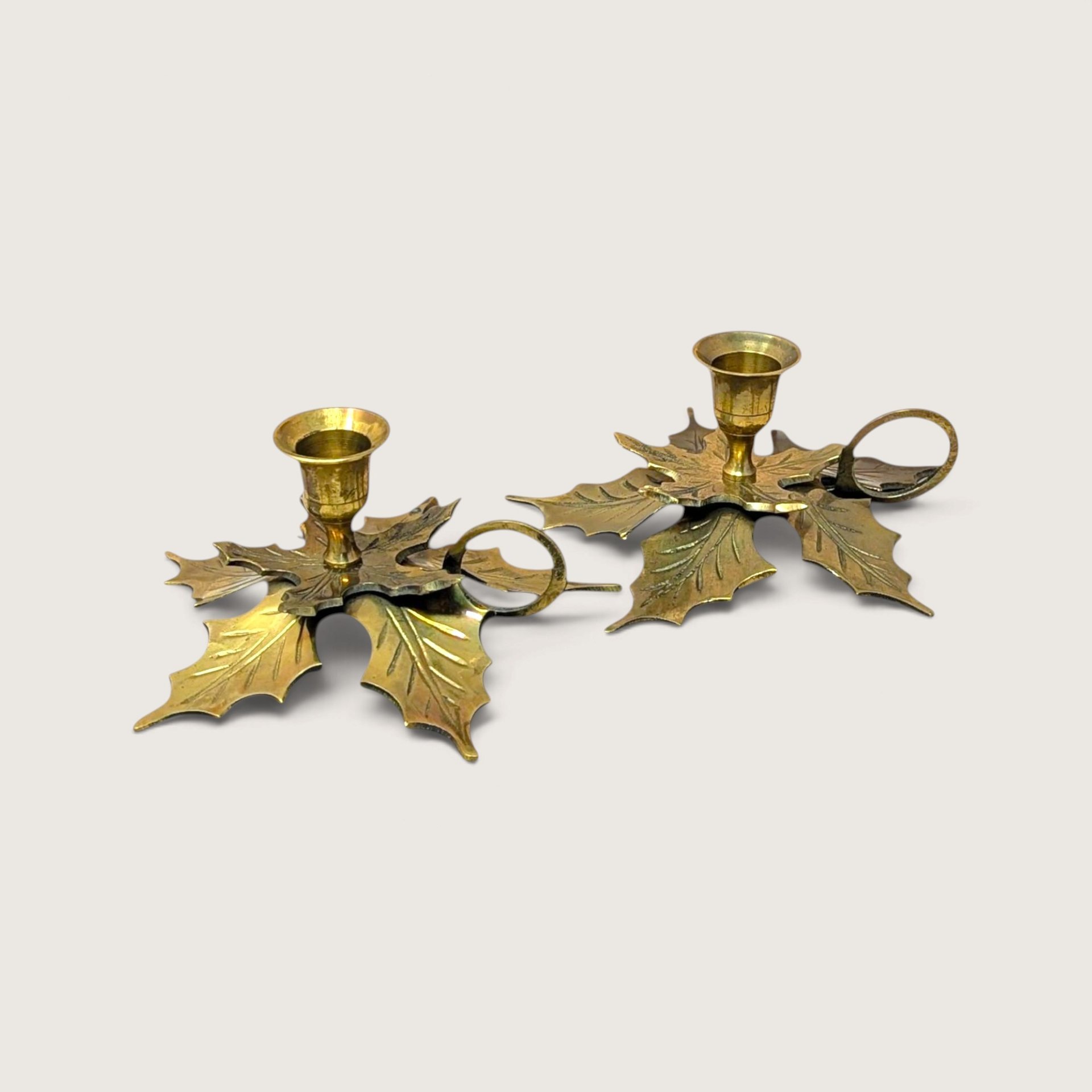 1950s Solid Brass Leaf Chamber Candlestick Holders Finger Ring Pair