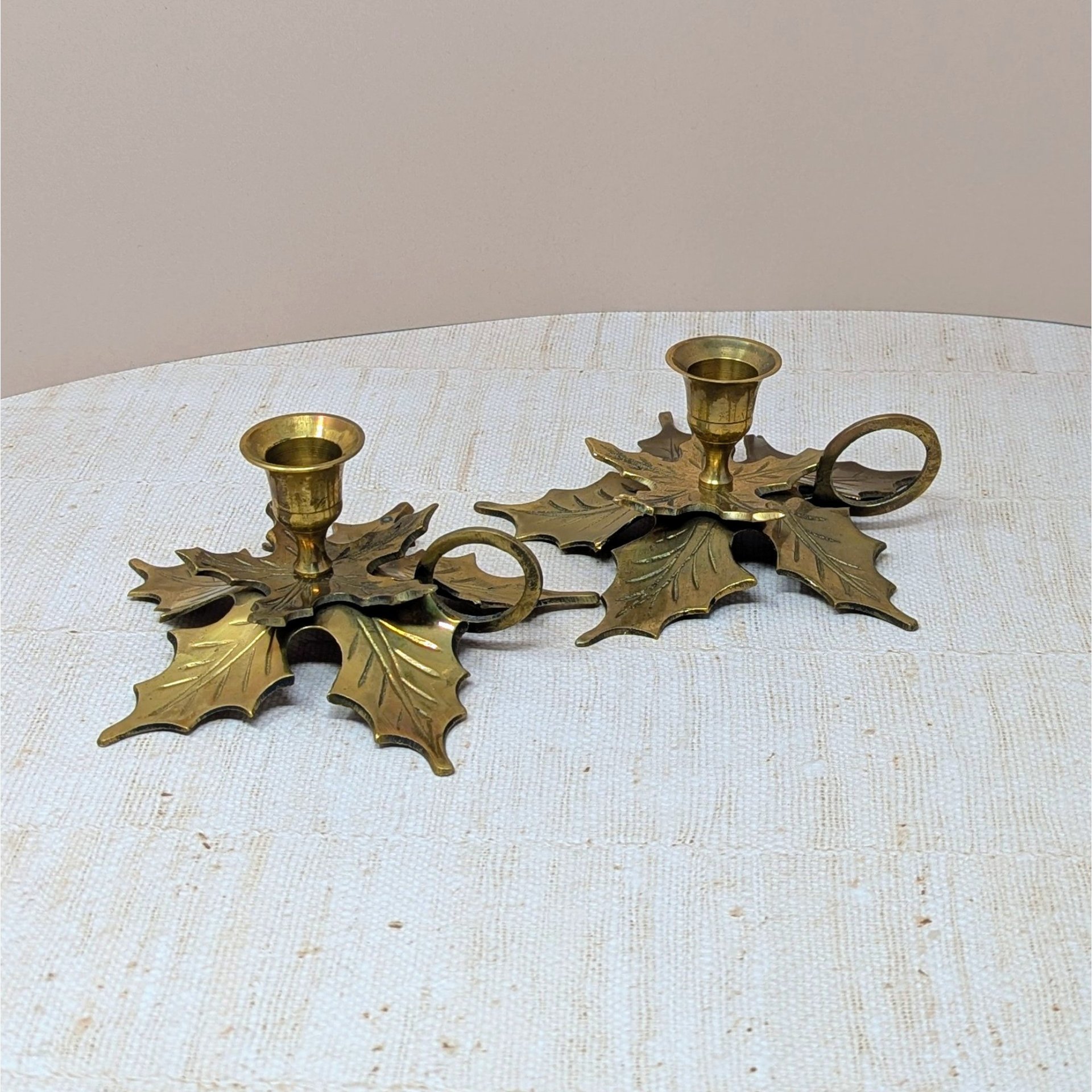Vintage Solid Brass Maple Leaf Chambersticks