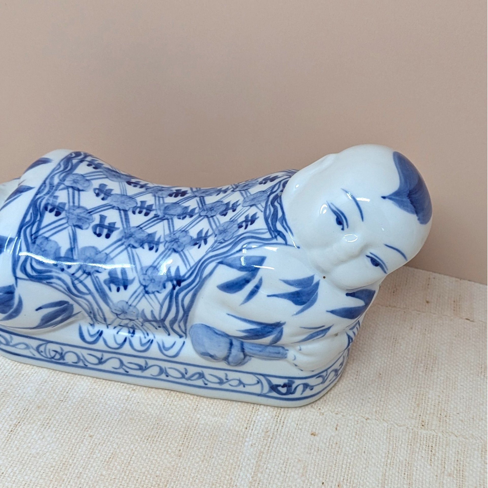 Vintage Chinese Porcelain Opium Pillow – Blue and White Figural Headrest