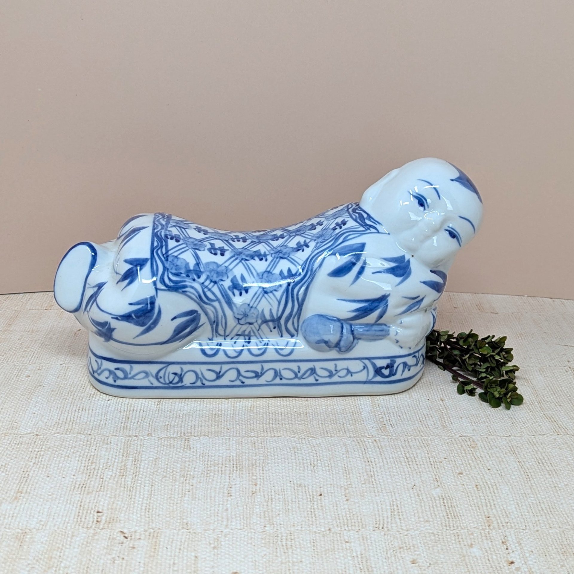 Vintage Chinese Porcelain Opium Pillow – Blue and White Figural Headrest