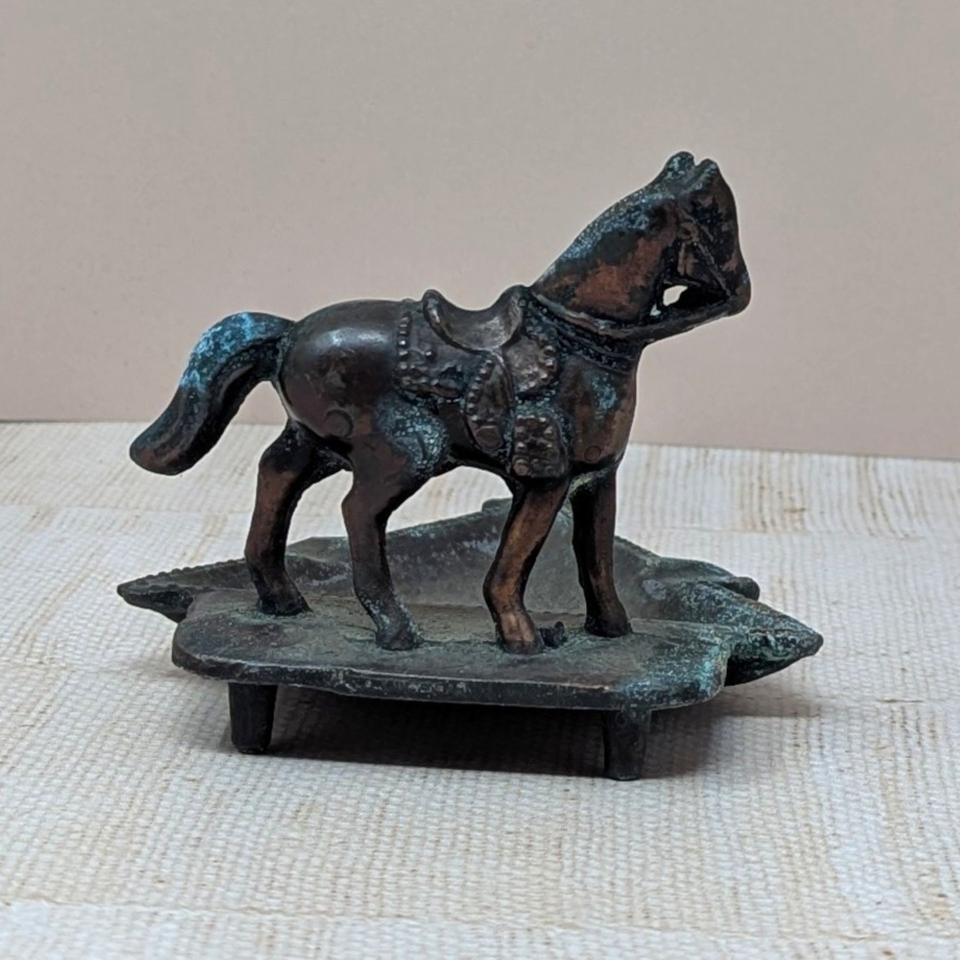 1930 John Wright Horse Ashtray – Vintage Cast Metal Saddled Horse Western Americana