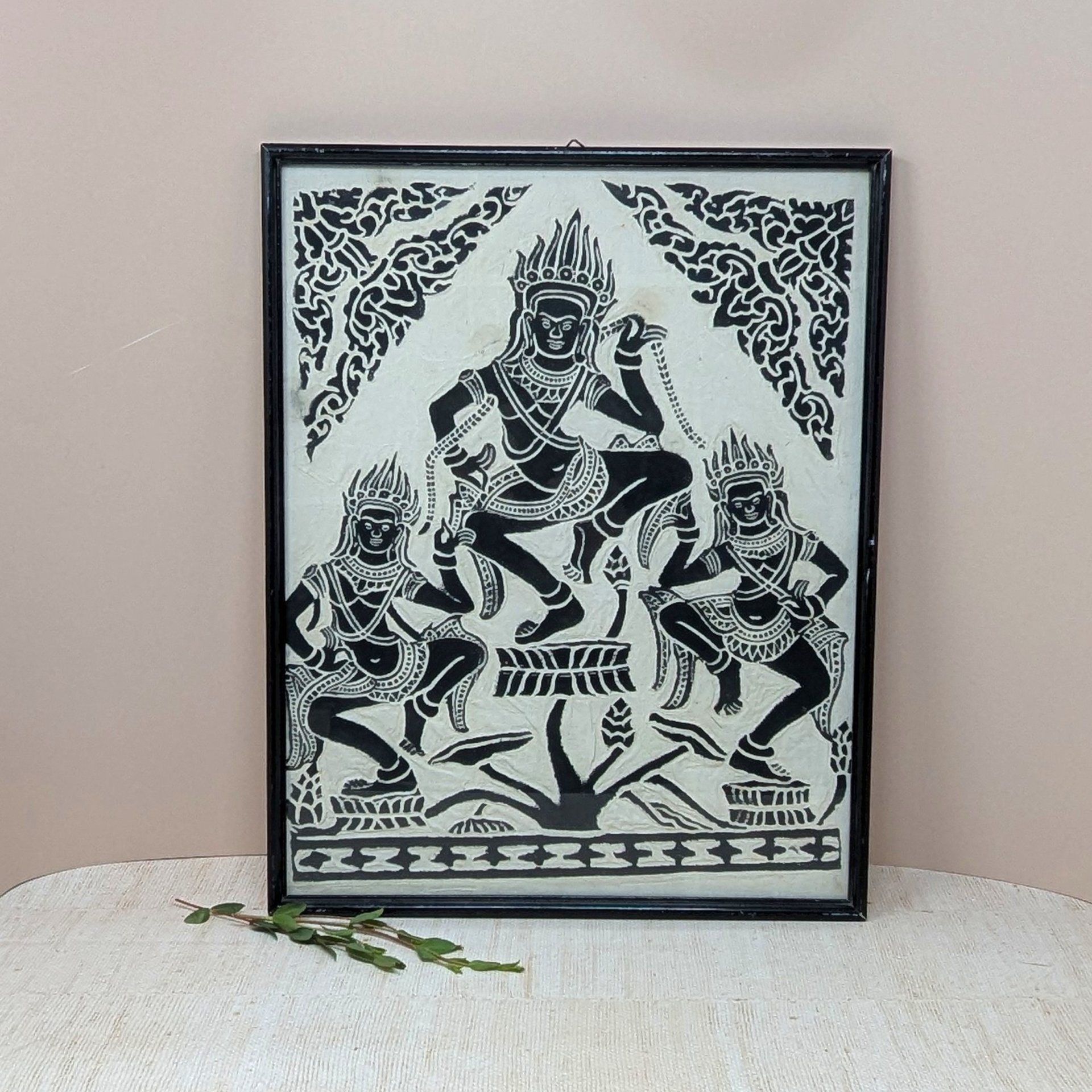 Mid-Century Cambodian Rice Paper Rubbing – Vintage Apsara Dancer Gallery Art