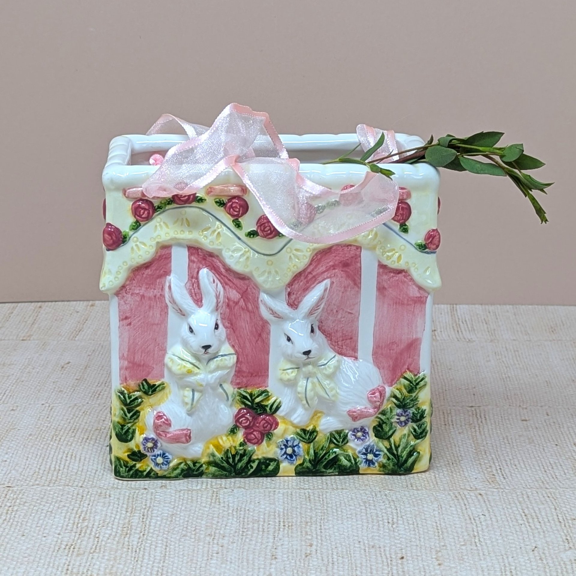 1980s Ceramic Bunny Bag – Vintage Sculptural Spring Vase