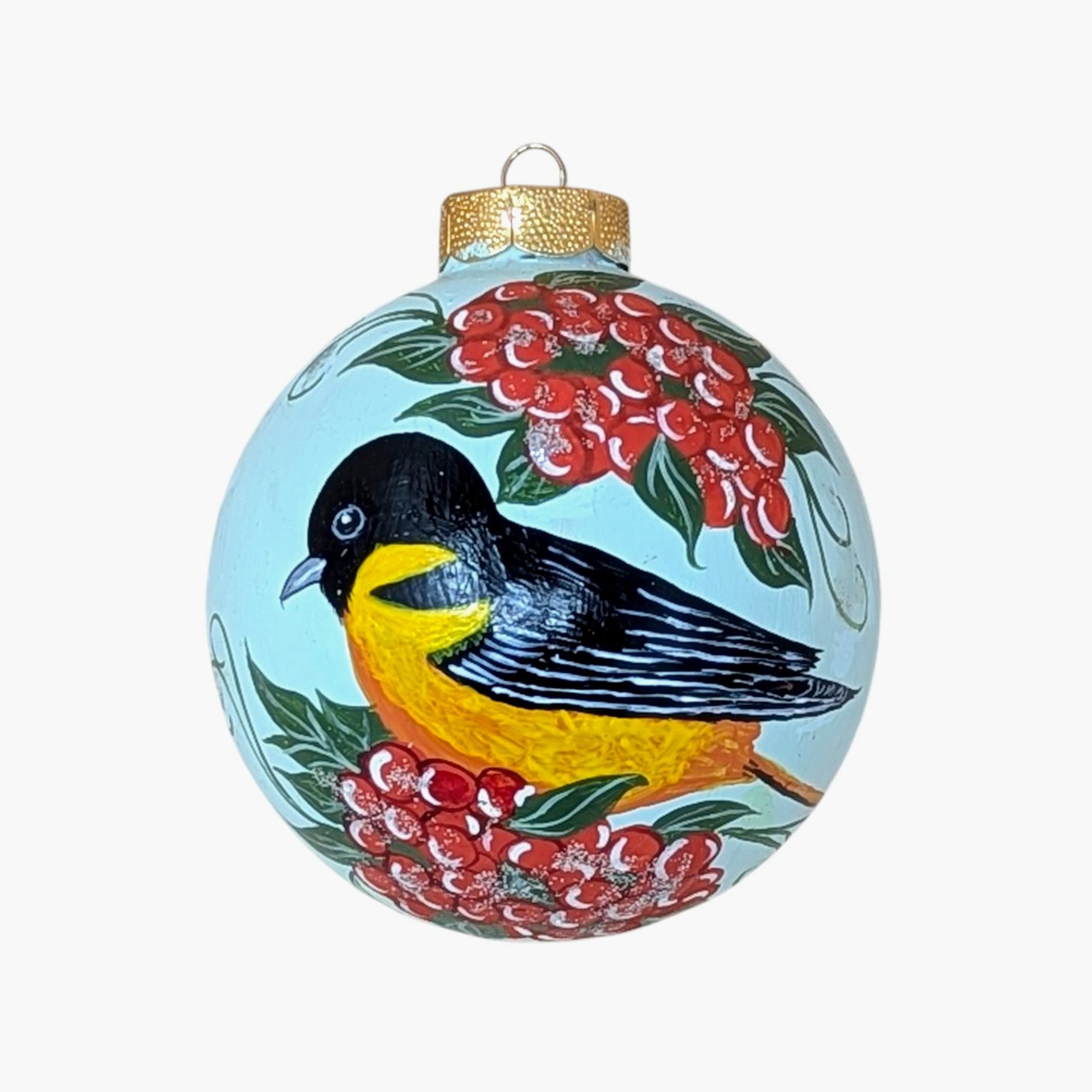 Vintage Hand-Painted Baltimore Oriole Glass Ornament 