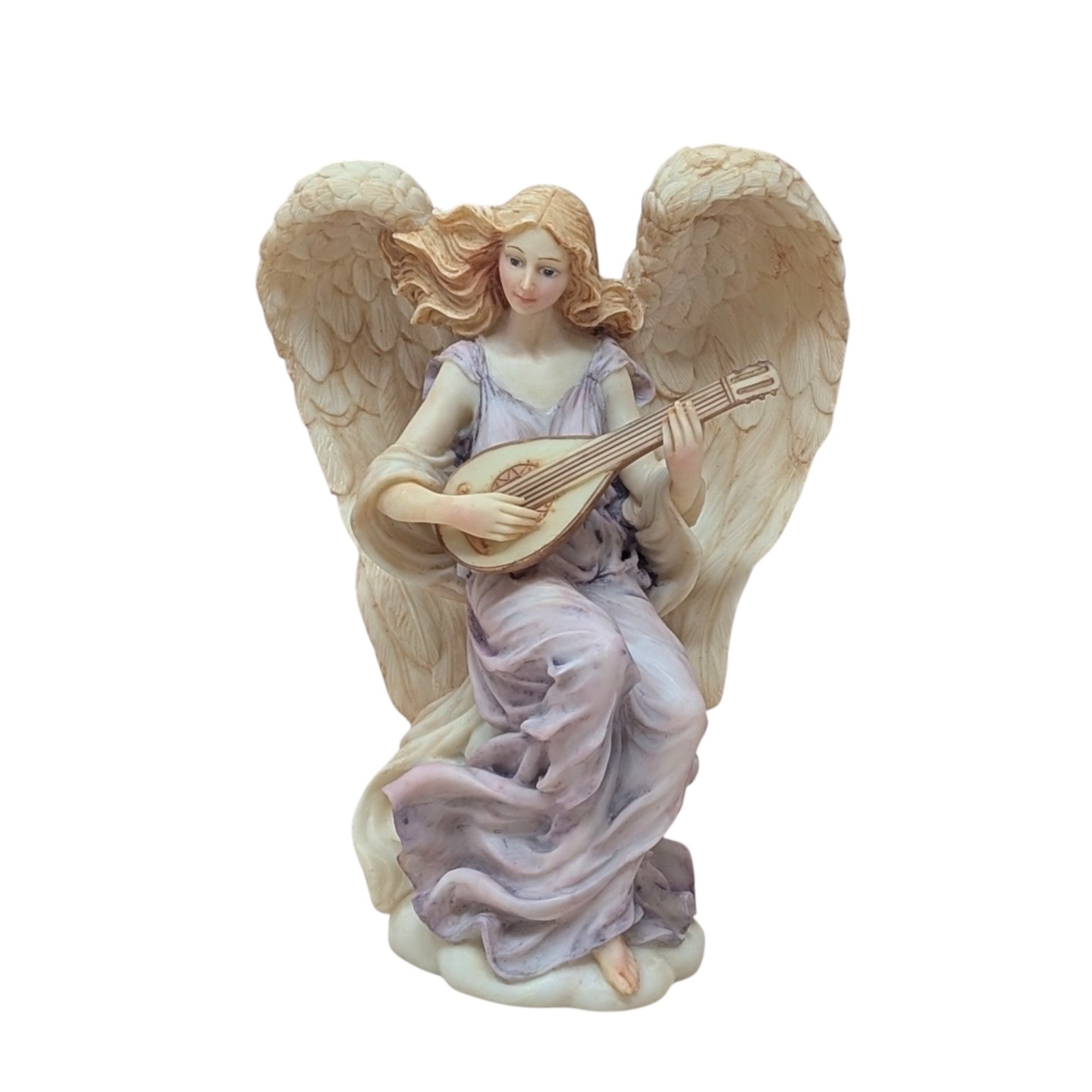A vertical 7-inch resin figurine of a winged angel named Lydia. She wears flowing mauve robes and is depicted playing a lute-like instrument. The wings are highly detailed with a soft peach-cream finish. Includes original Roman Inc. gold tag.