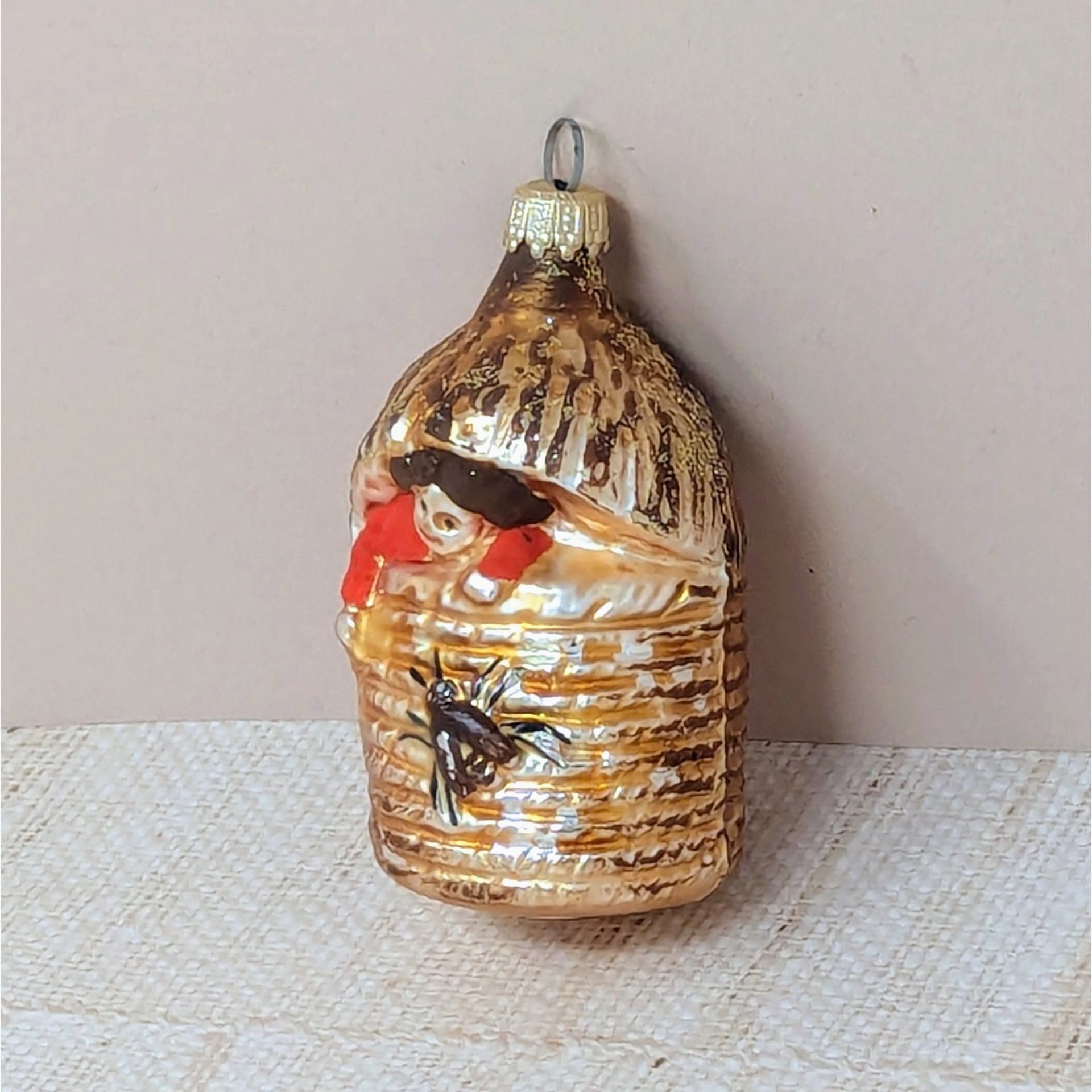 Blown Glass Baby in Beehive Ornament – Vintage German Skep Mercury Glass