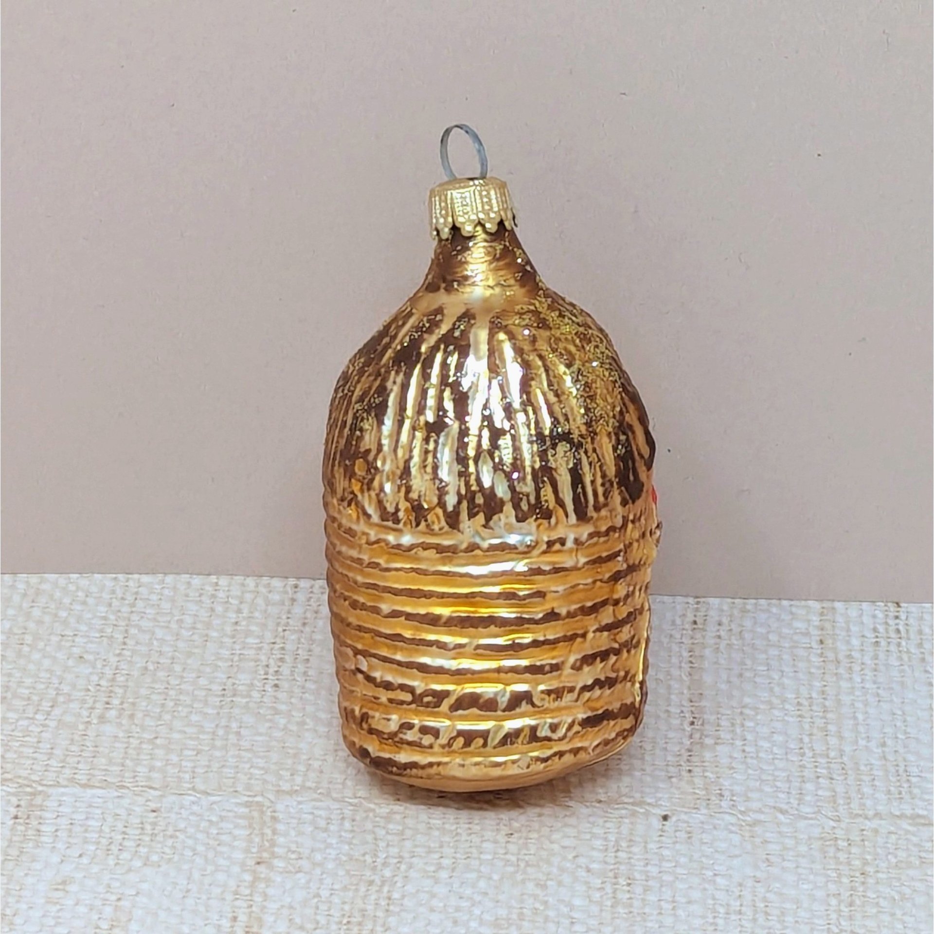 Blown Glass Baby in Beehive Ornament – Vintage German Skep Mercury Glass