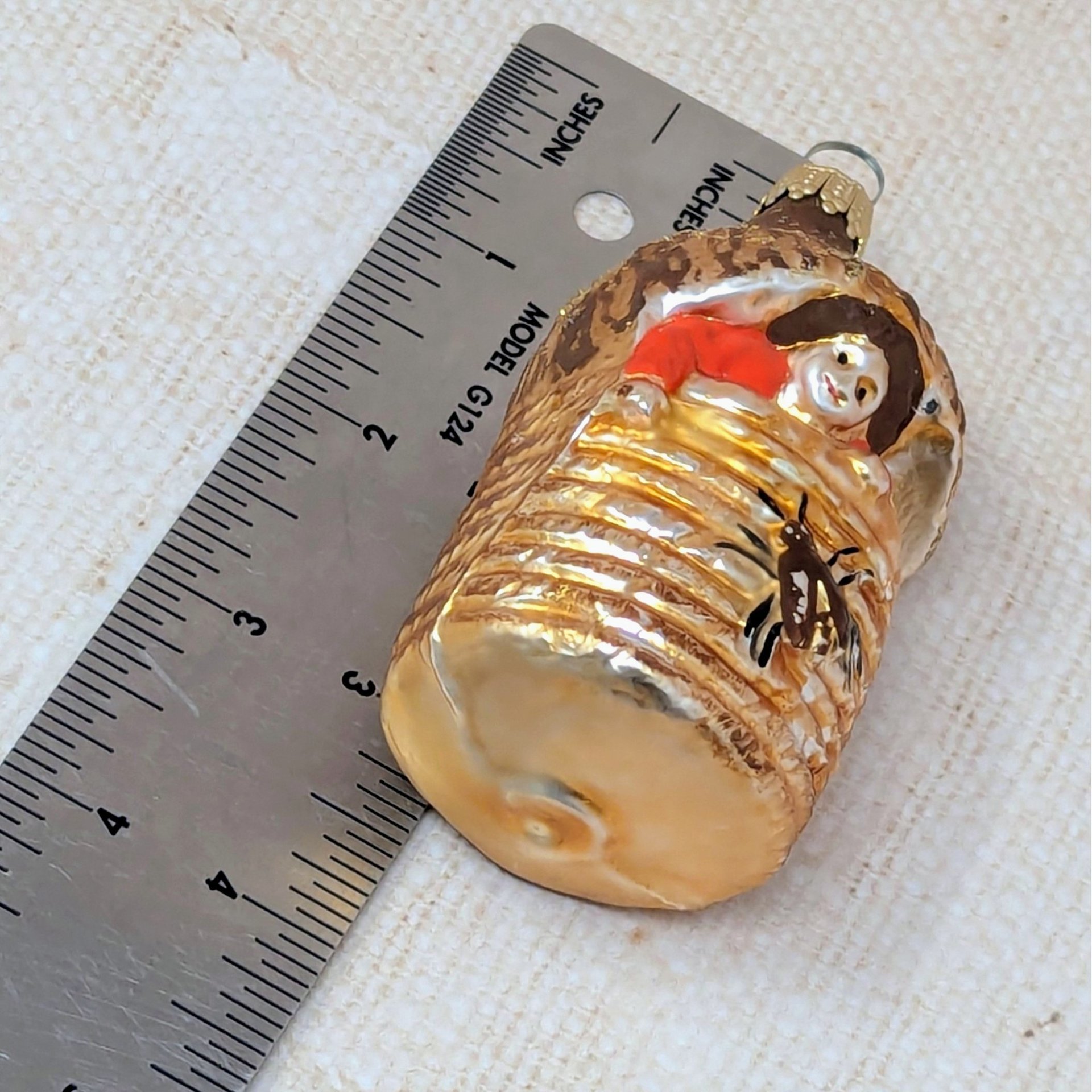 Blown Glass Baby in Beehive Ornament – Vintage German Skep Mercury Glass