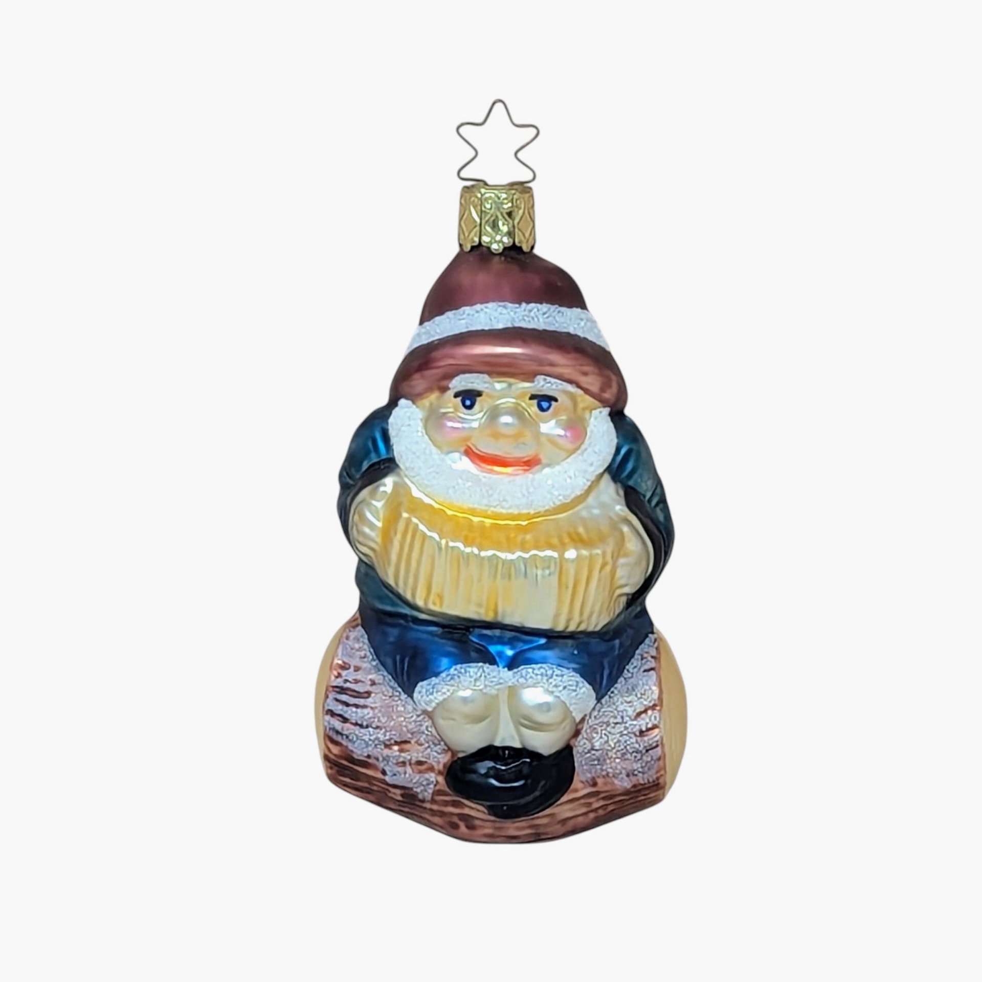 Merck Family Gnome on Log Ornament – Inge-Glas Star Cap German Glass
