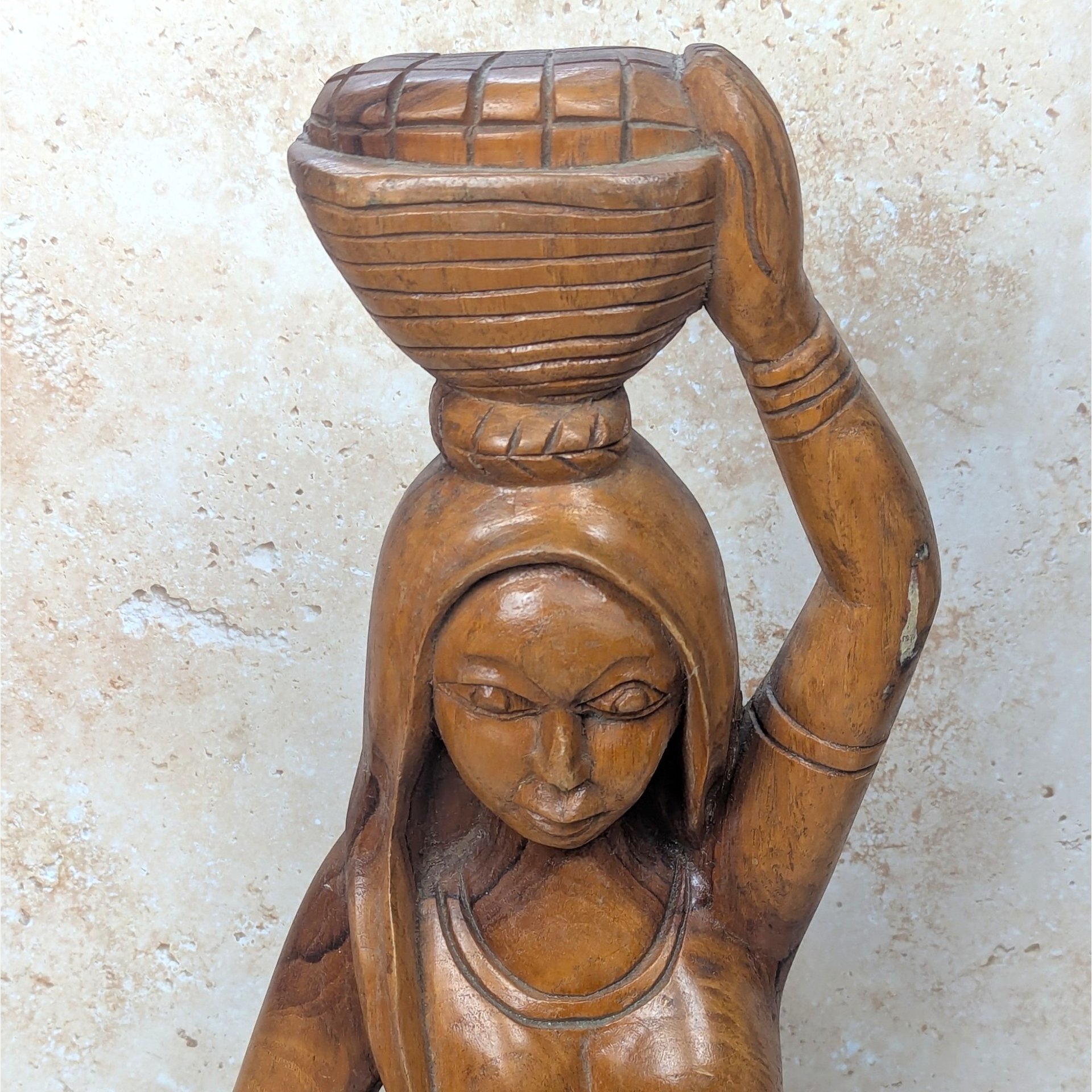 1970s Hand Carved Solid Wood Woman with Basket Statue
