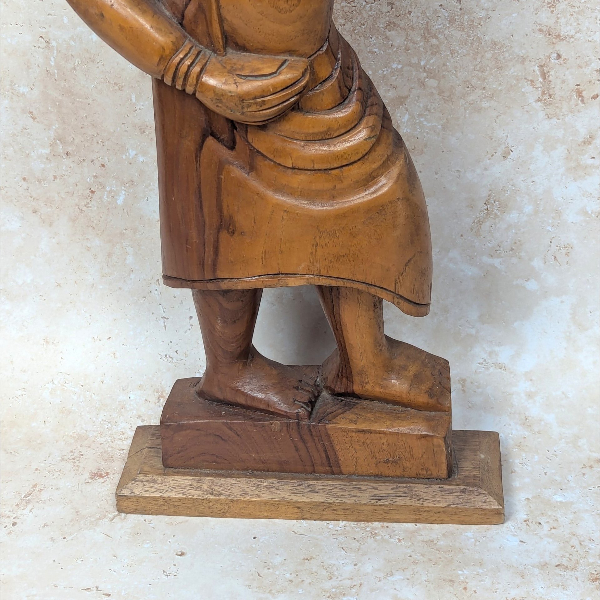 1970s Hand Carved Solid Wood Woman with Basket Statue