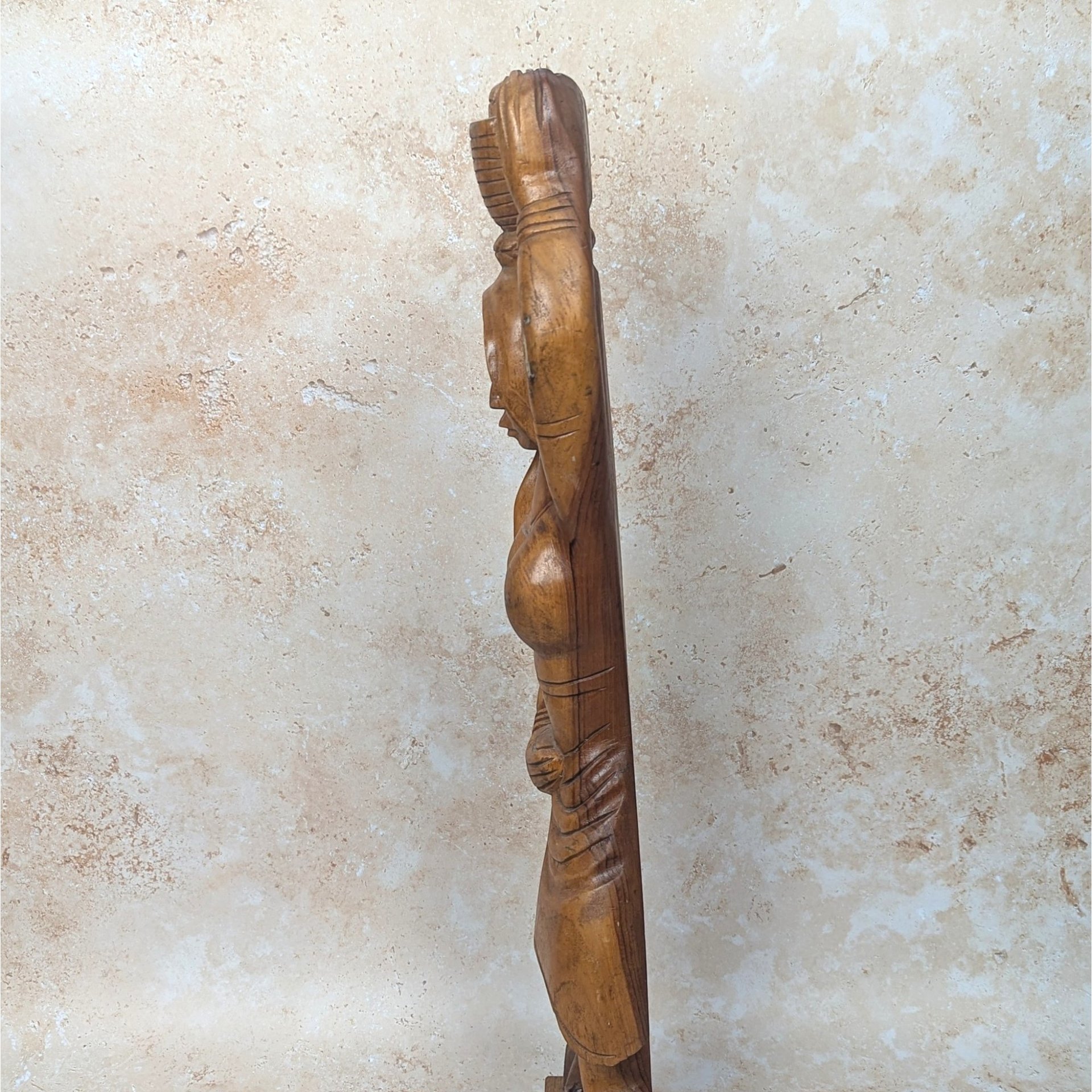 1970s Hand Carved Solid Wood Woman with Basket Statue
