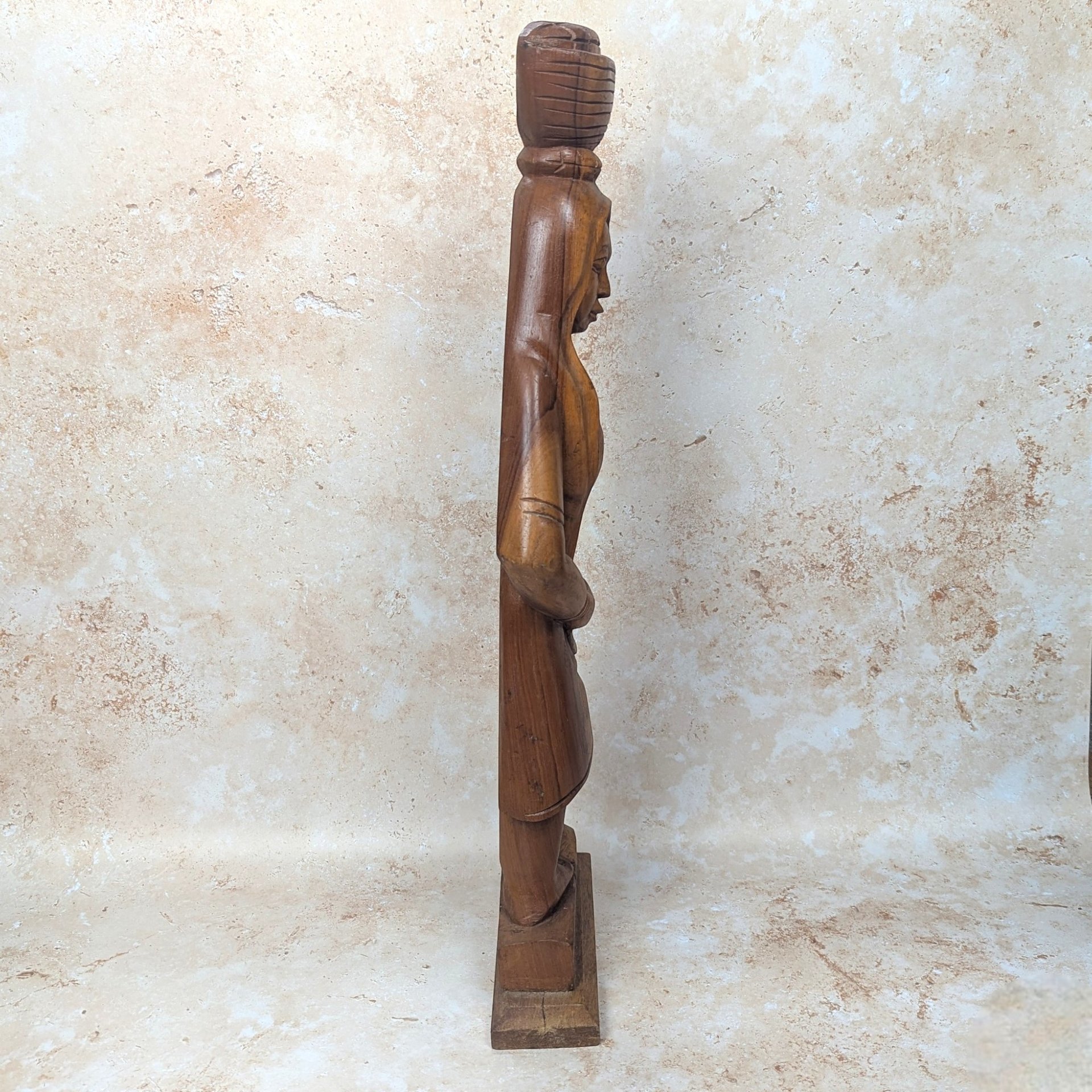 1970s Hand Carved Solid Wood Woman with Basket Statue