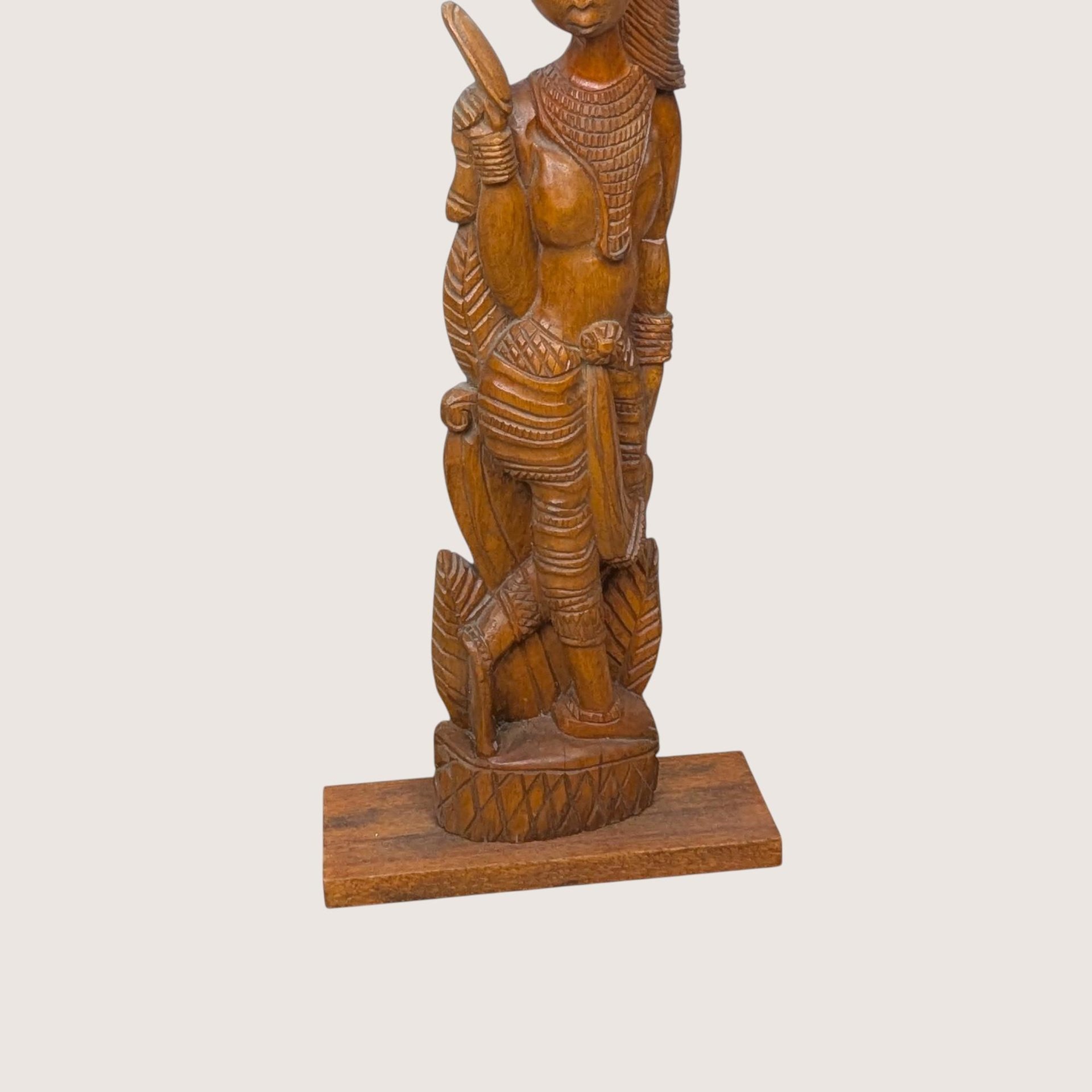 Vintage Mid Century Ornate Wood Female Figurine Palm Tree Folk Art Statue