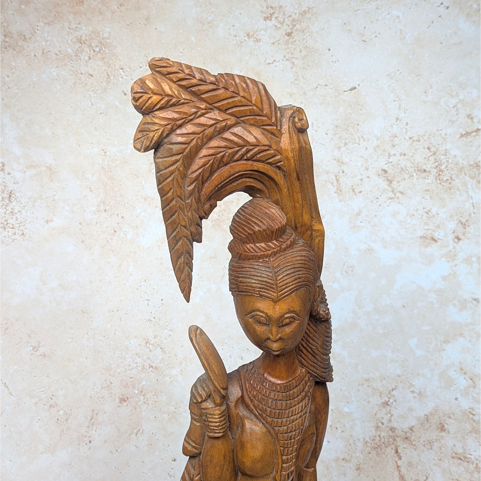 1970s Ornate Hand Carved Wood Balinese Woman Statue
