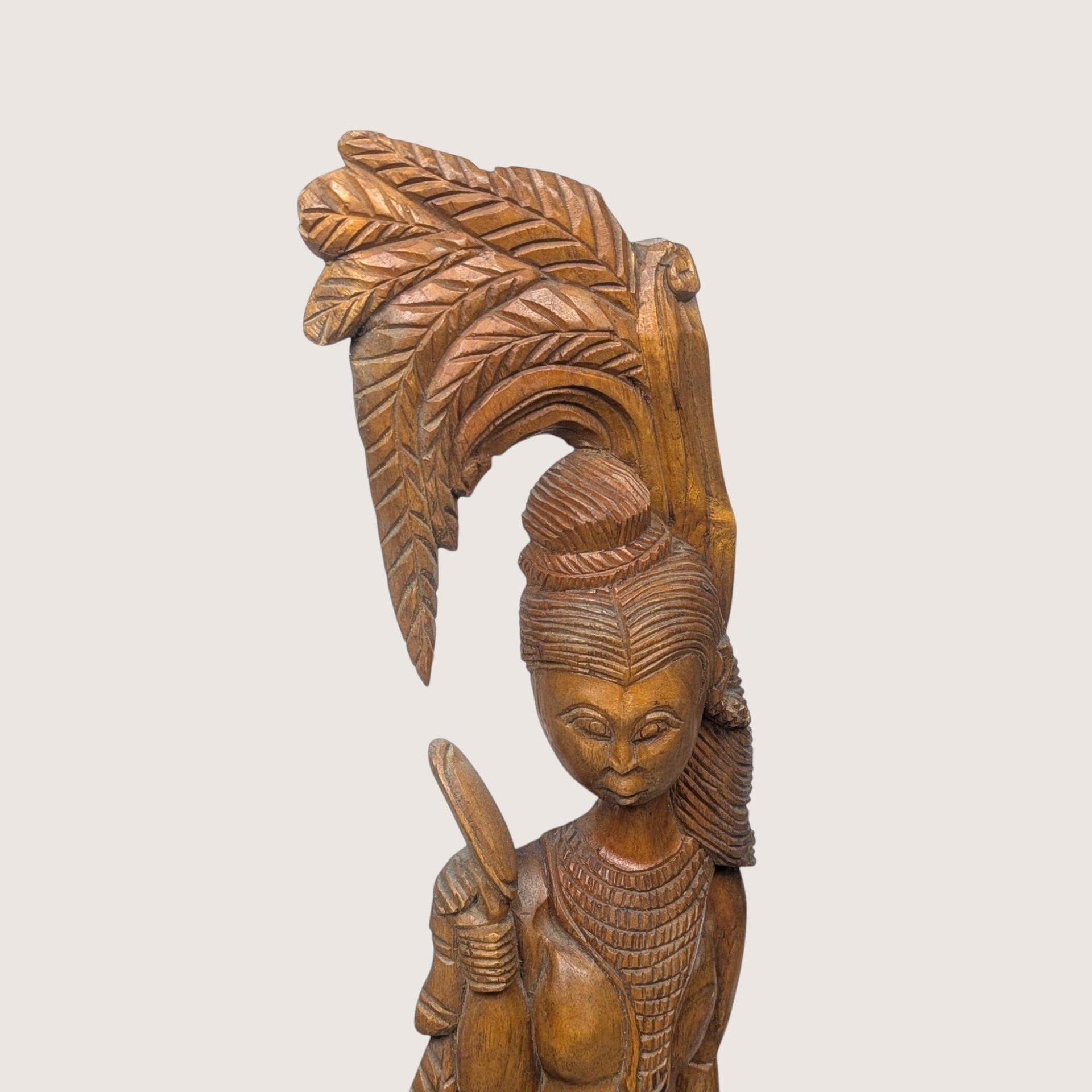 Vintage Mid Century Ornate Wood Female Figurine Palm Tree Folk Art Statue