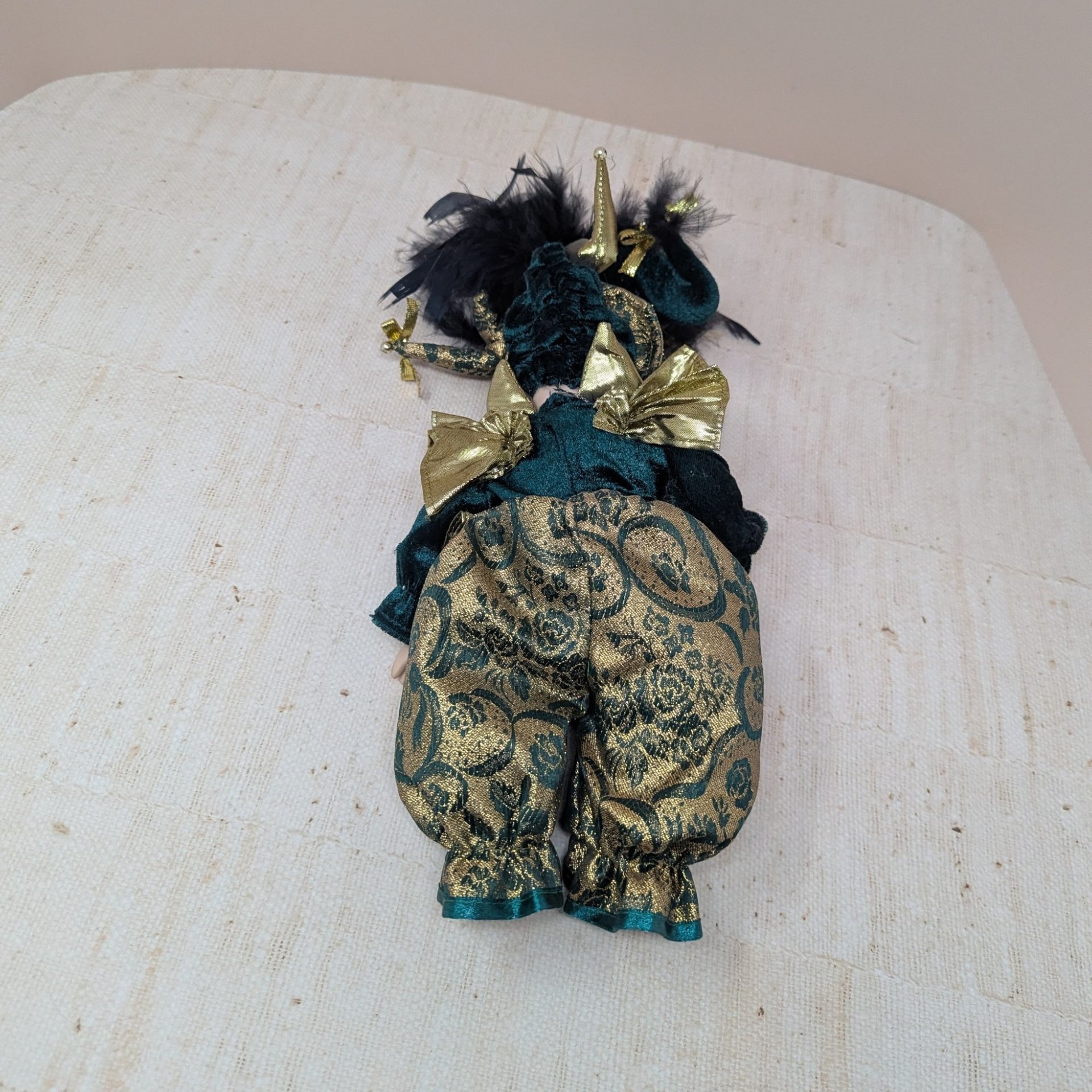 Vintage Porcelain Mardi Gras Jester – 12" Emerald & Gold Posable Baby Doll