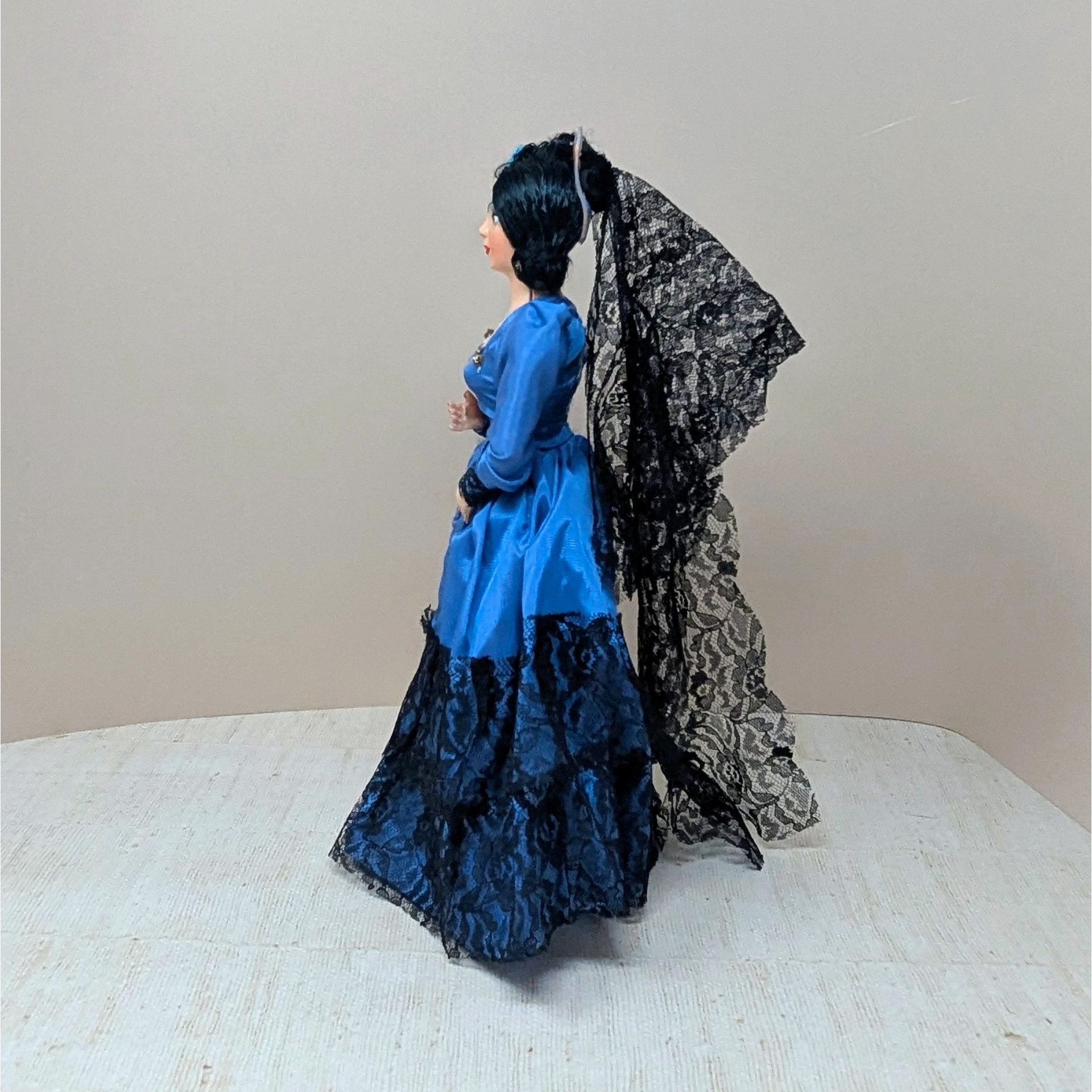 1960s Spanish Senorita Doll – Mid-Century Modern Blue Satin & Black Lace Mantilla Folk Art Figurine