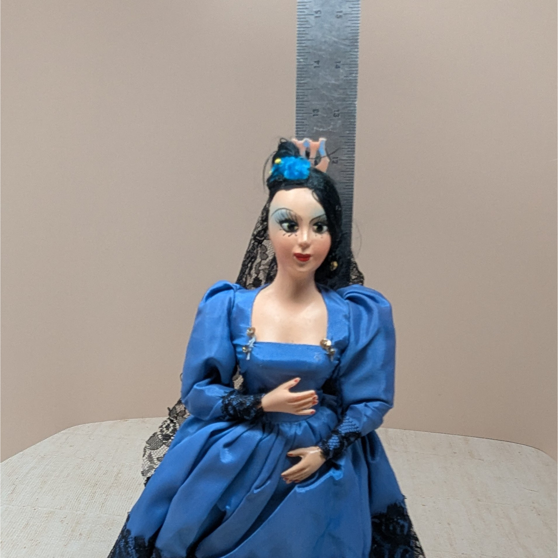 1960s Spanish Senorita Doll – Mid-Century Modern Blue Satin & Black Lace Mantilla Folk Art Figurine