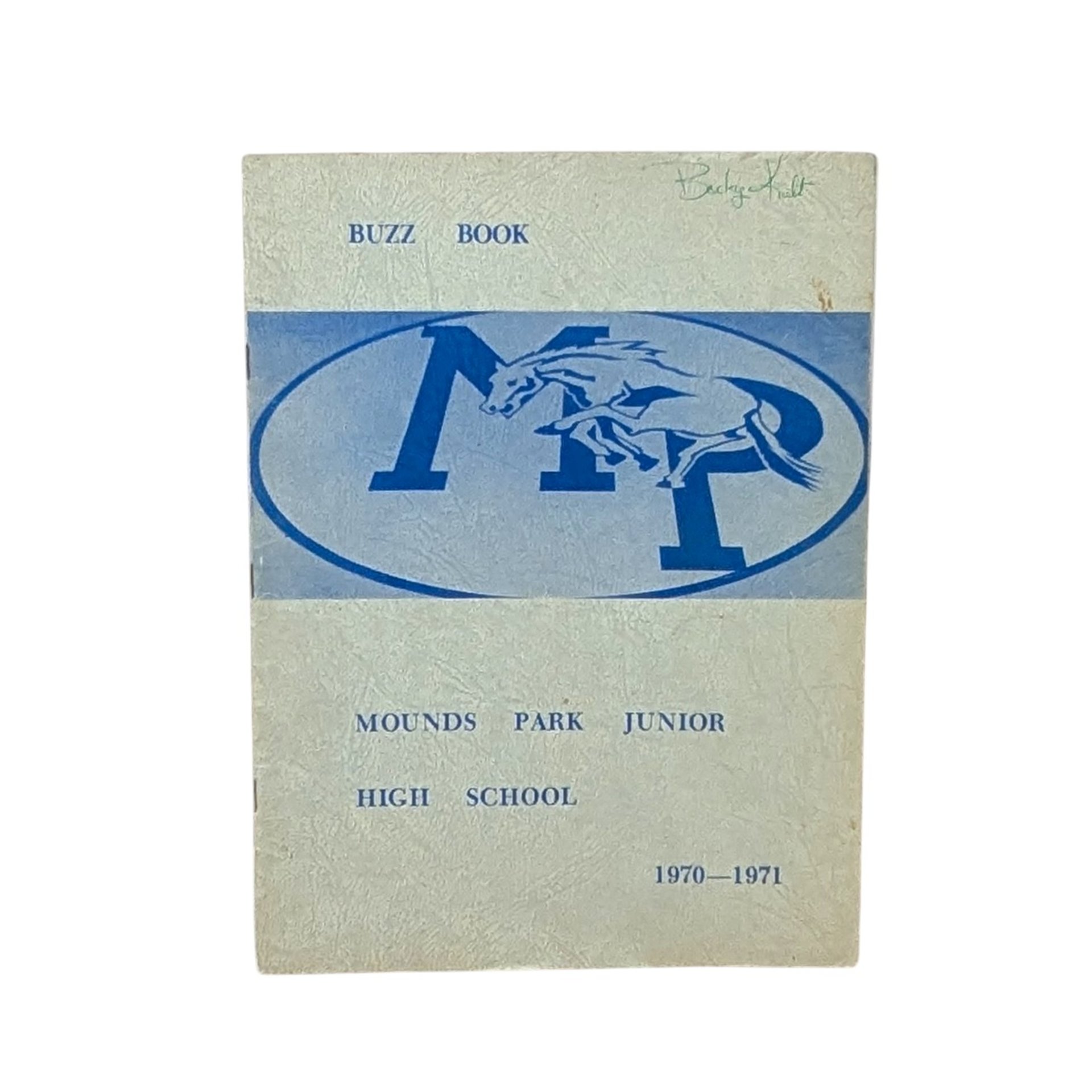 A vintage 1970-1971 "Buzz Book" directory for Mounds Park Junior High, featuring a blue "MP" logo with a galloping mustang on a textured cream cover.