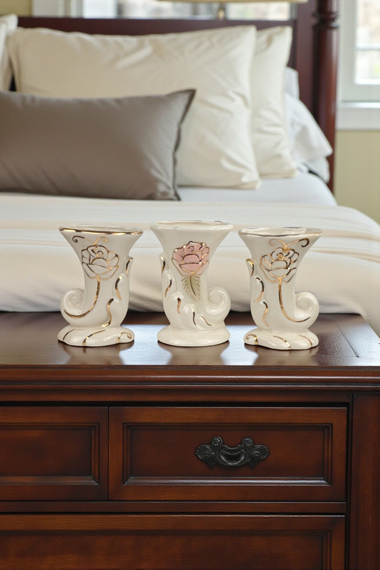 Vintage Cream Cornucopia Vase Set: Rose & Gold Bud Vases