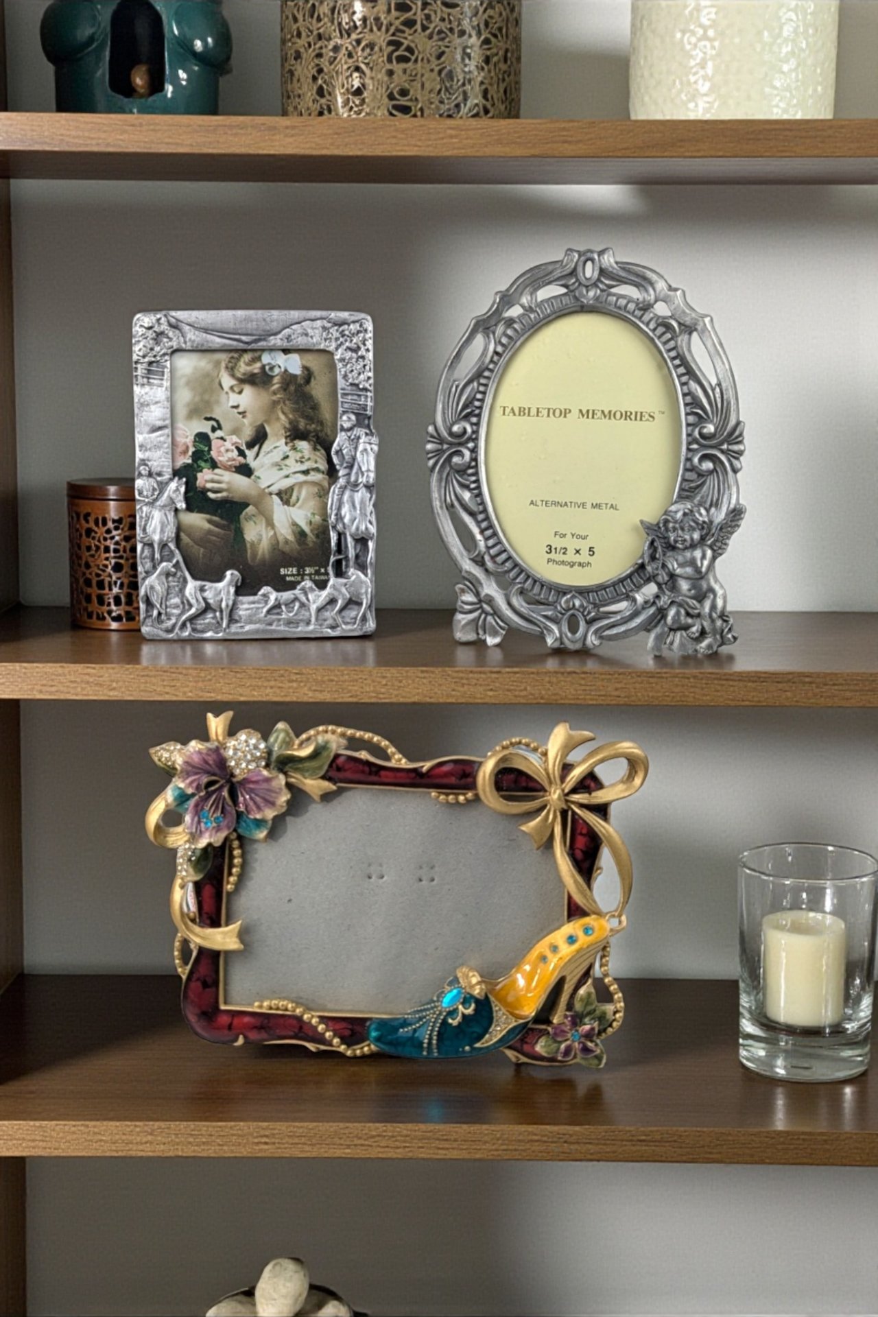 Trio of Assorted Decorative Metal and Enamel Photo Frames