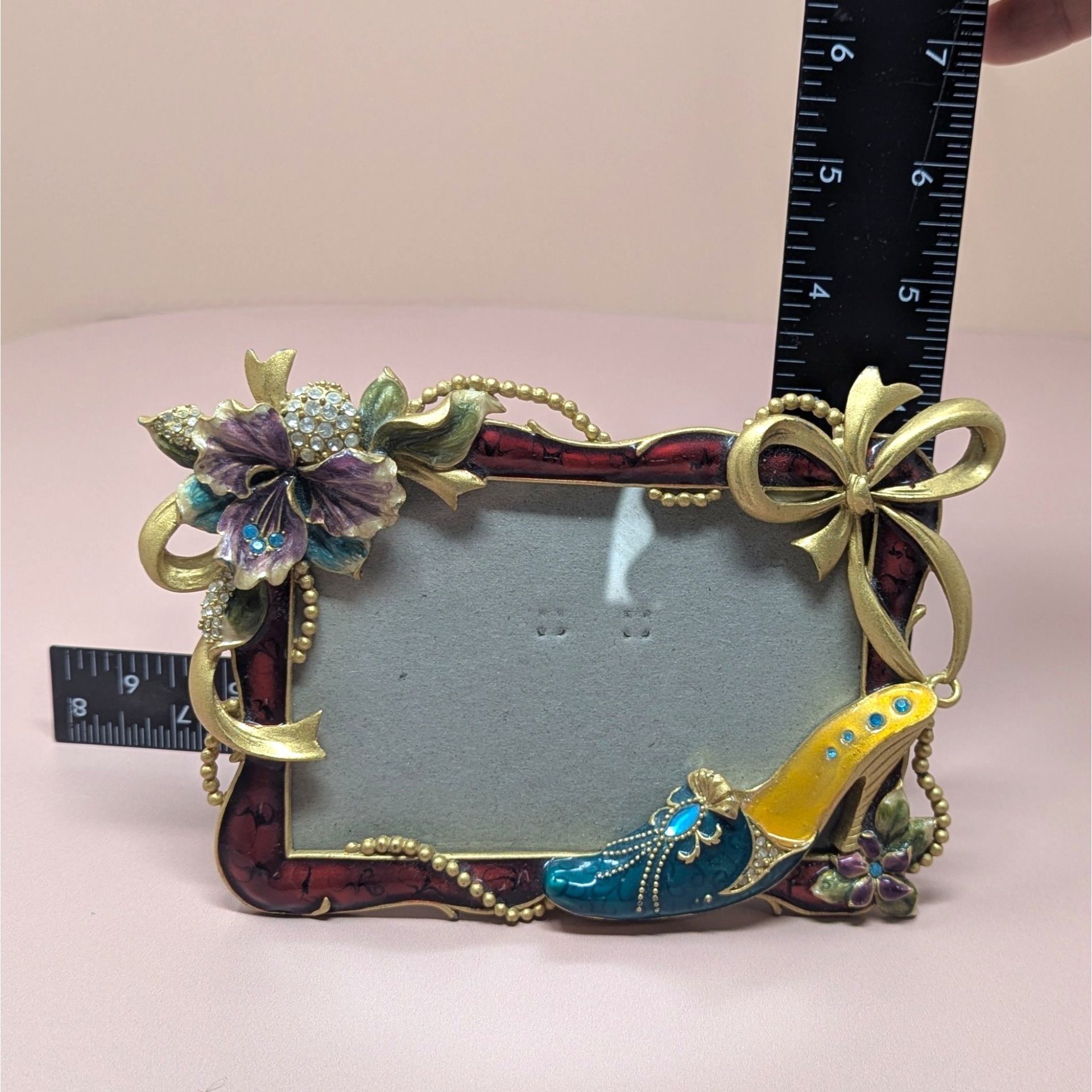 Vintage Jeweled High Heel Photo Frame – Enameled Flower & Crystal 3.5x5