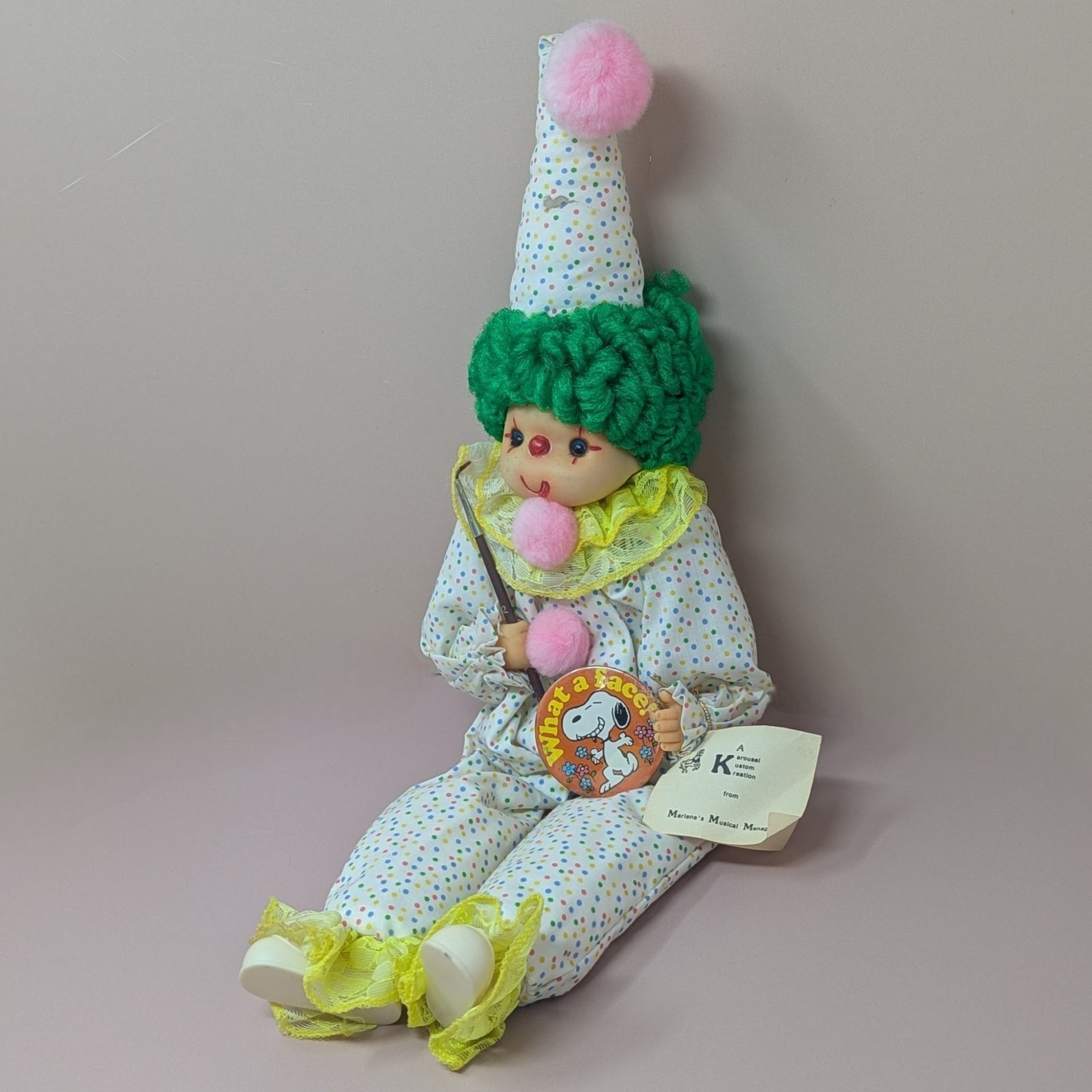 Marianne’s Musical Menagerie Clown – Polka Dot Shelf Sitter with Snoopy Button