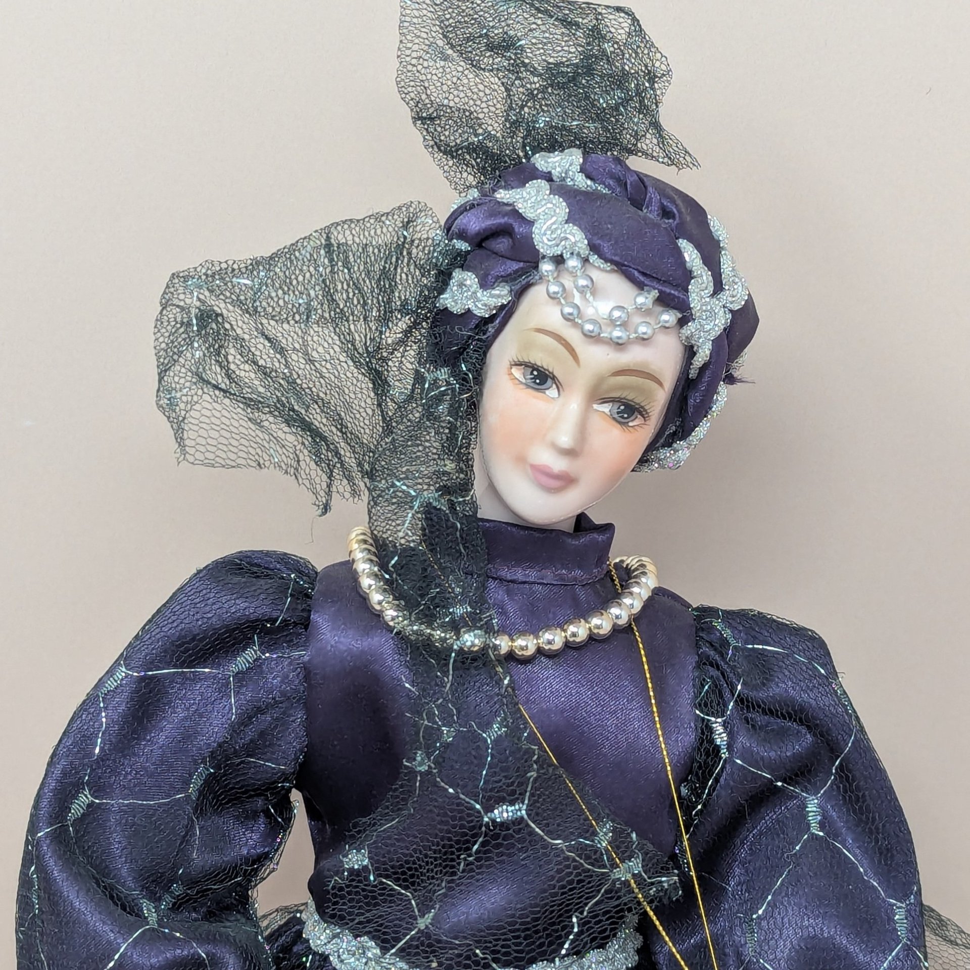 Vintage Kingstate Porcelain Harlequin – Purple & Silver Jester Doll