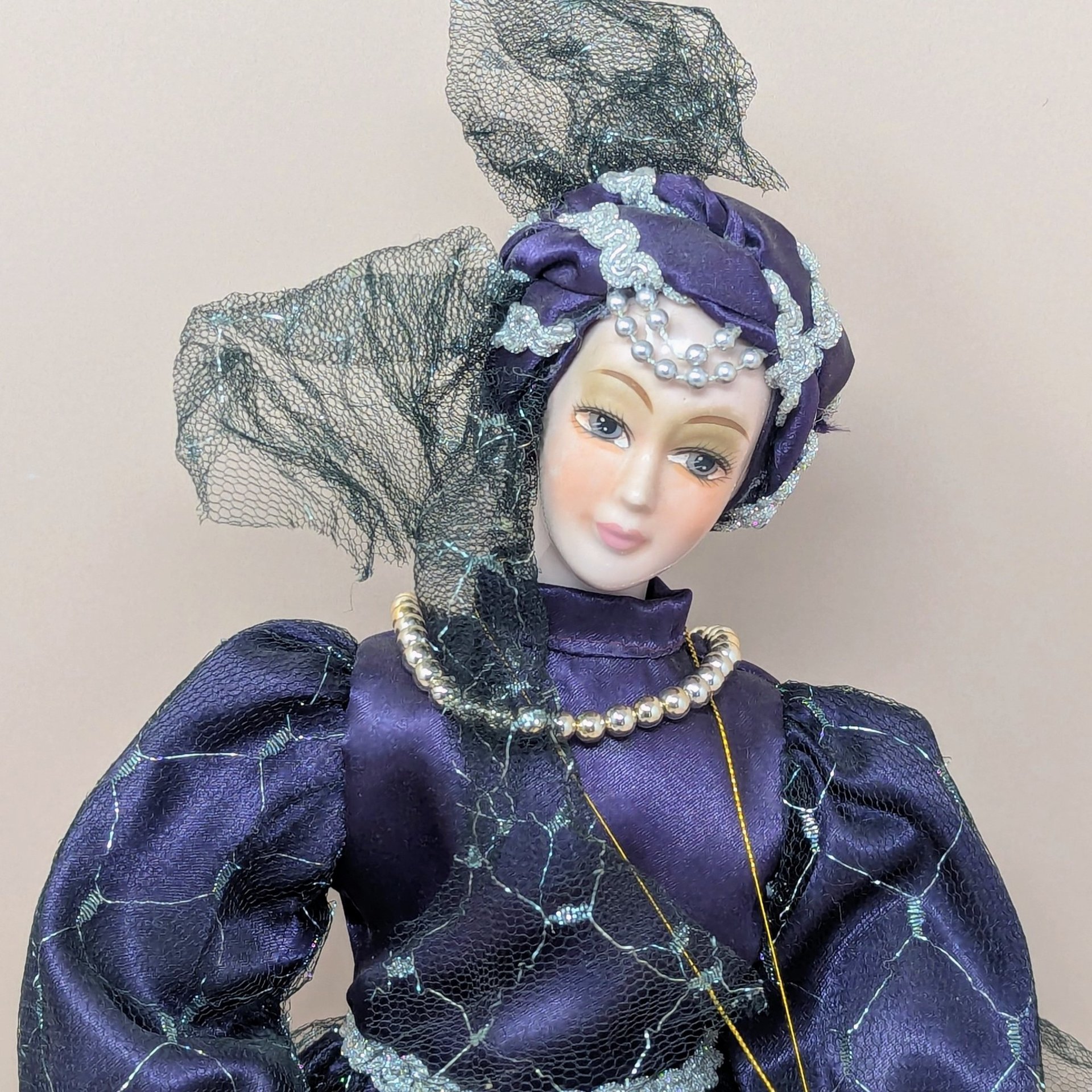 Vintage Kingstate Porcelain Harlequin – Purple & Silver Jester Doll