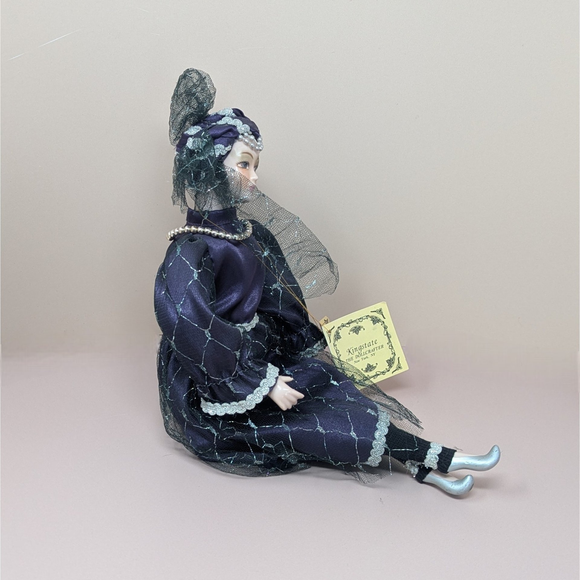 Vintage Kingstate Porcelain Harlequin – Purple & Silver Jester Doll