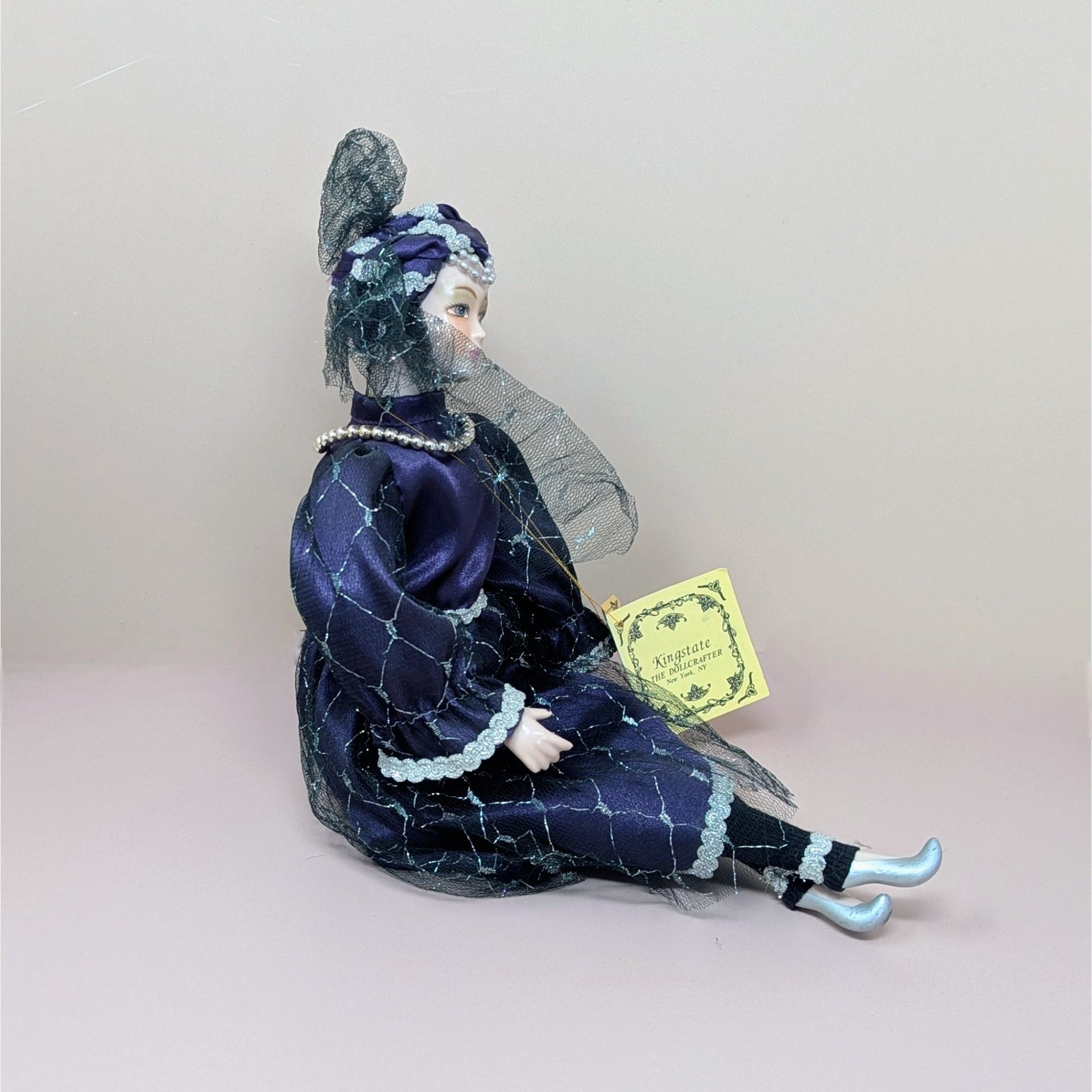 Vintage Kingstate Porcelain Harlequin – Purple & Silver Jester Doll