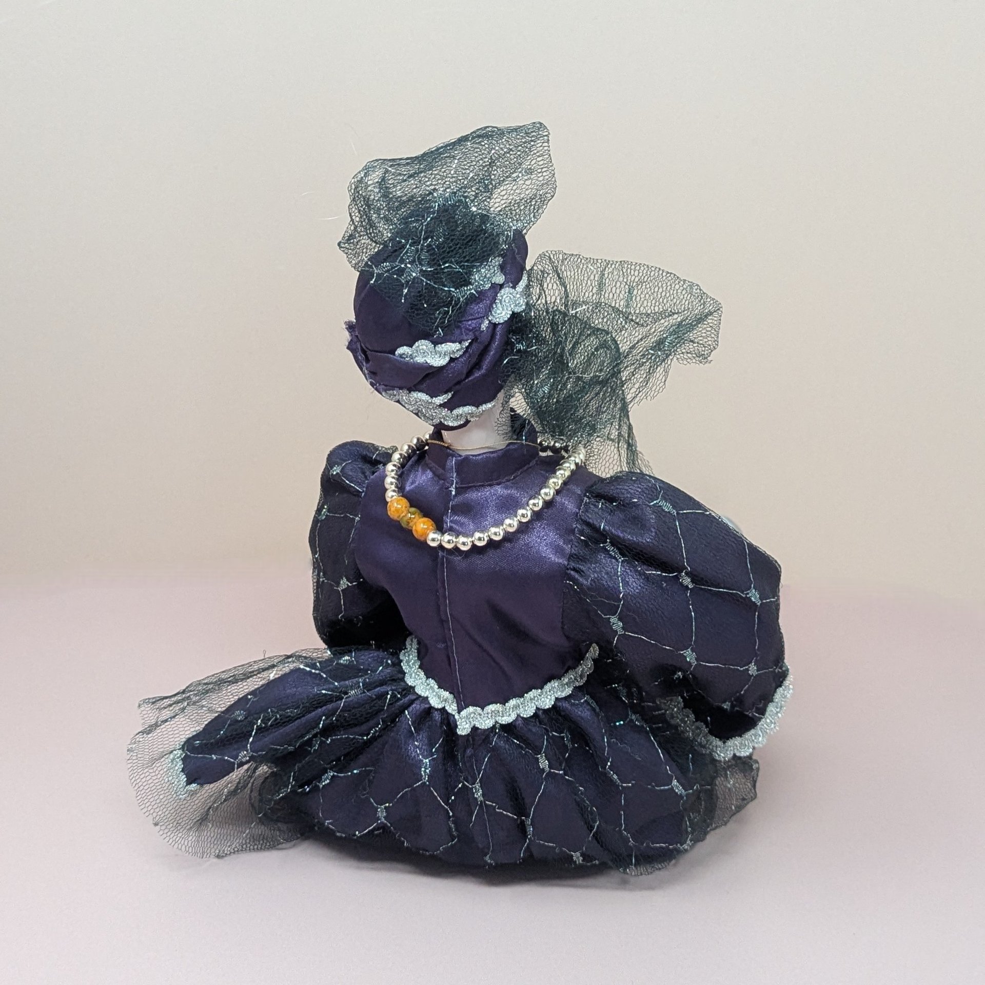 Vintage Kingstate Porcelain Harlequin – Purple & Silver Jester Doll