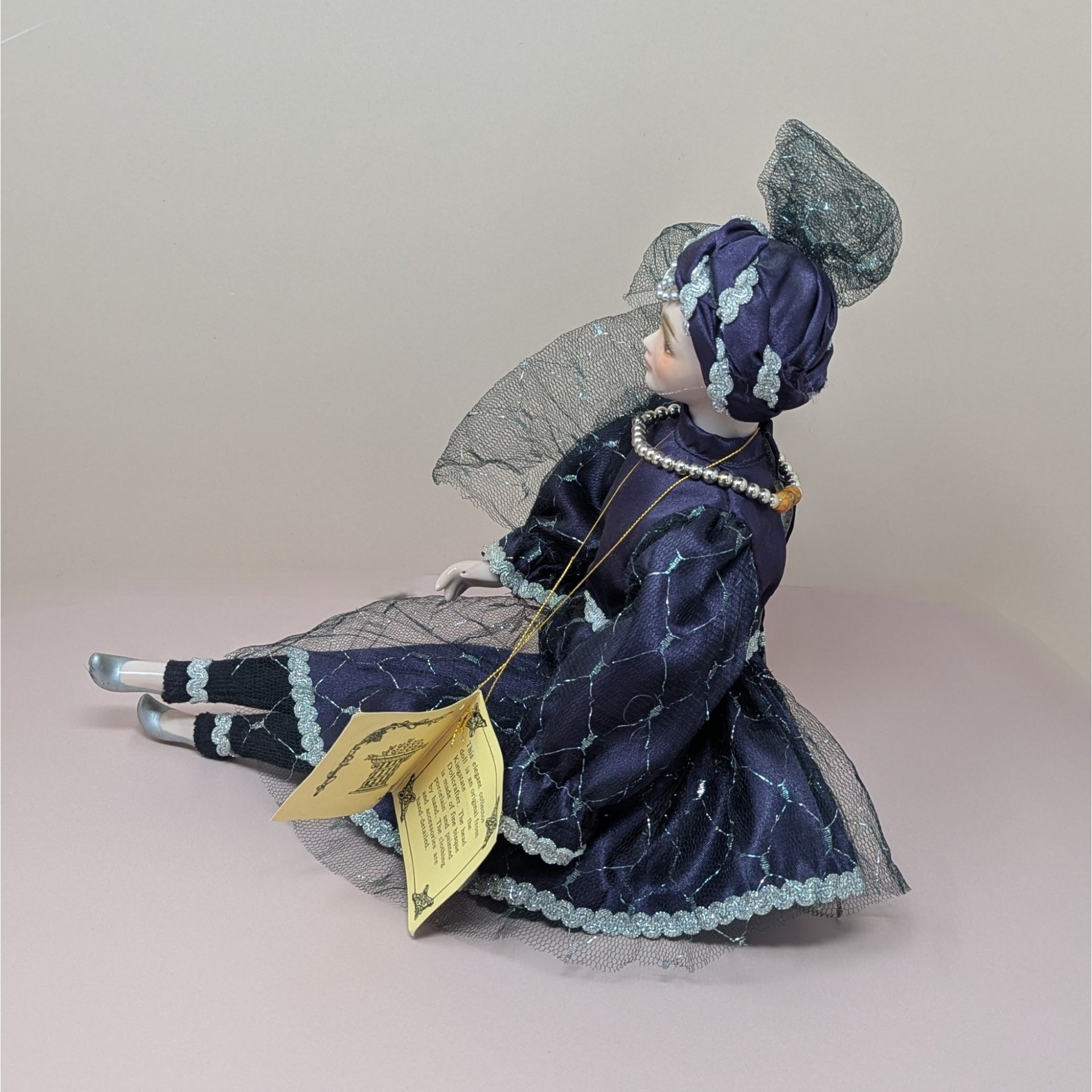 Vintage Kingstate Porcelain Harlequin – Purple & Silver Jester Doll
