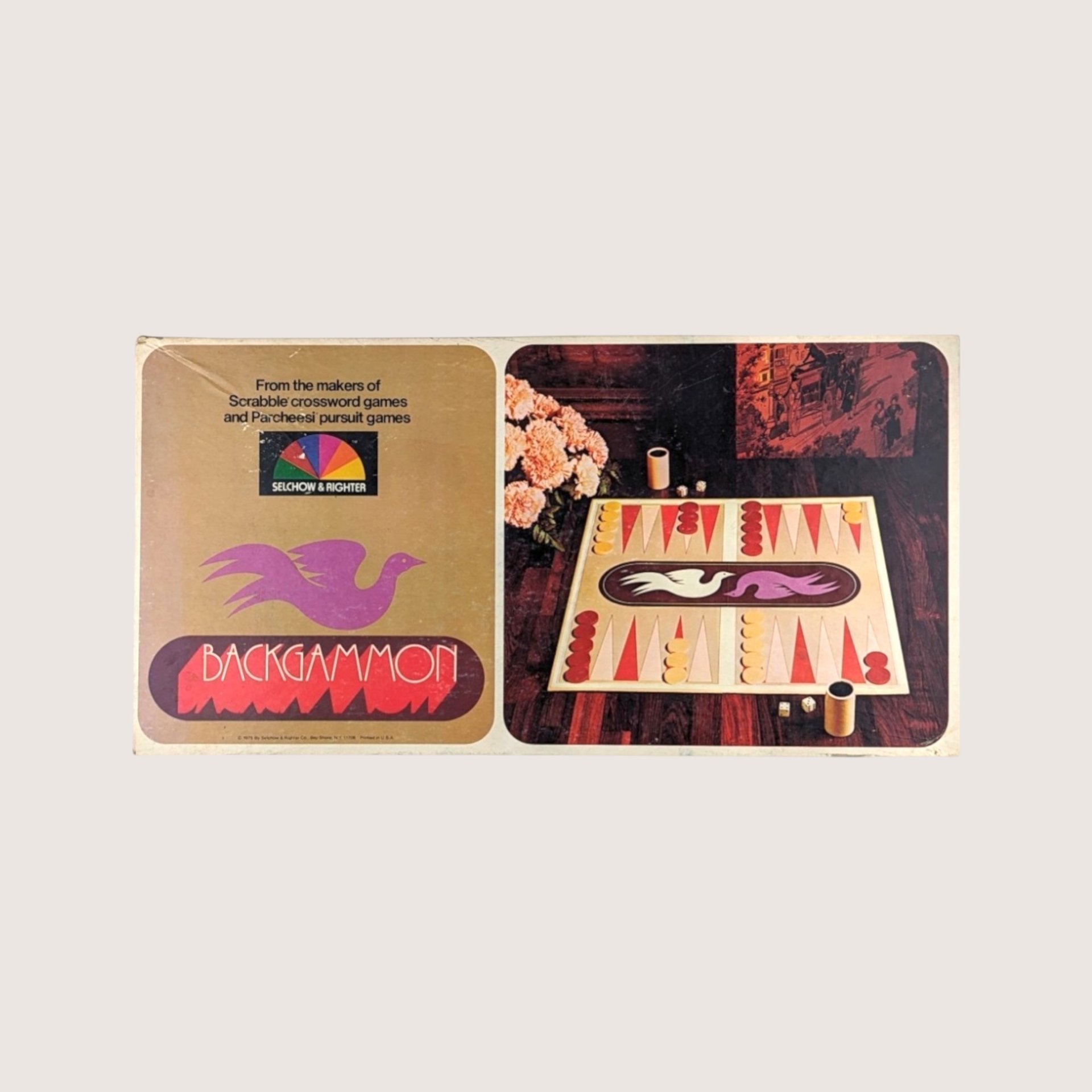 Vintage Selchow and Righter Backgammon board game box featuring a stylized purple bird logo and game board photo.