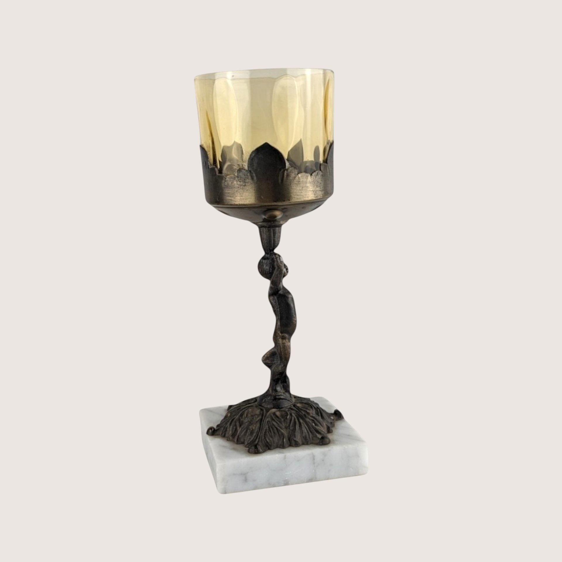 Vintage Cherub Candle Holder: Brass and Marble Amber Glass Votive