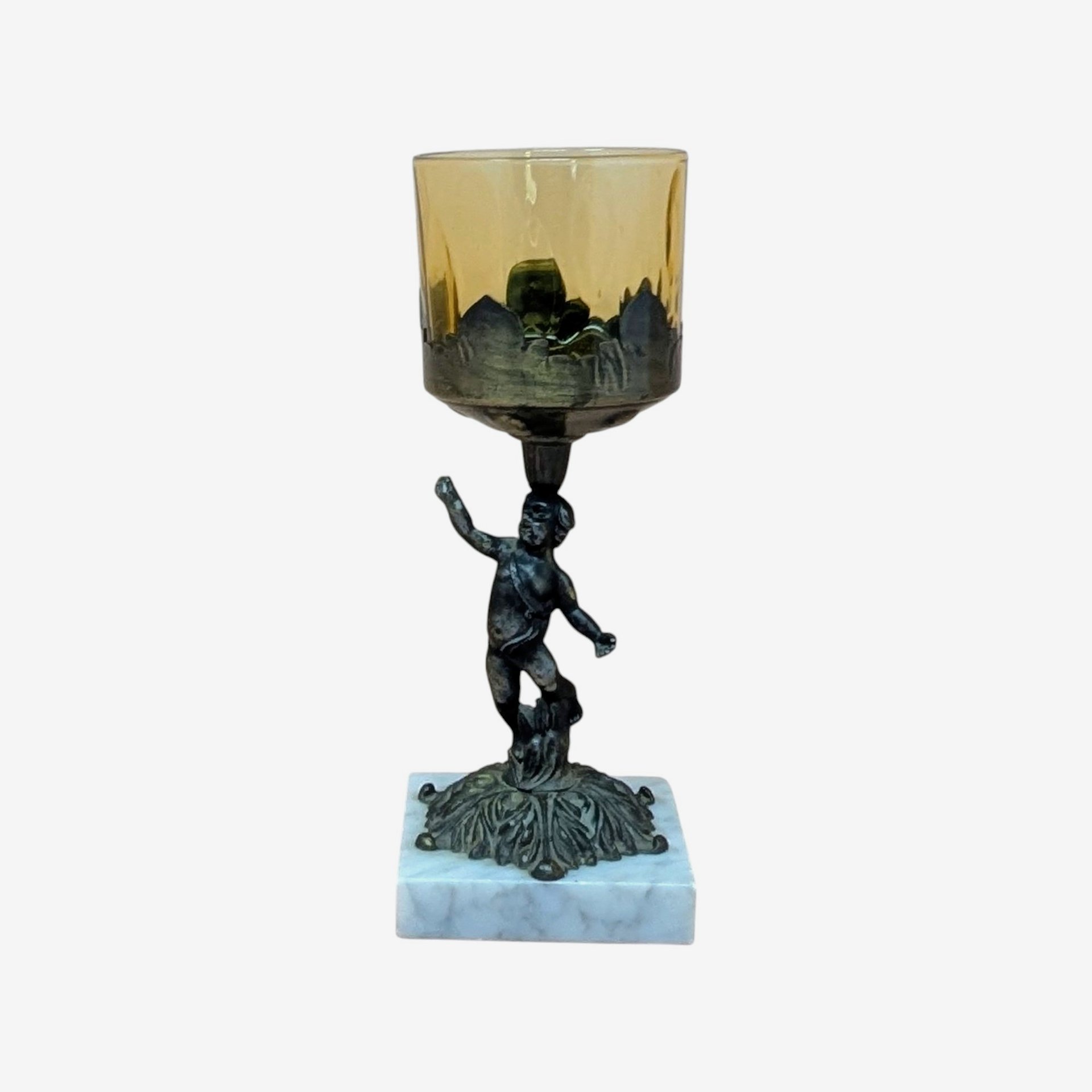 Vintage Hollywood Regency Cherub – Marble & Amber Glass Figural Candle Holder