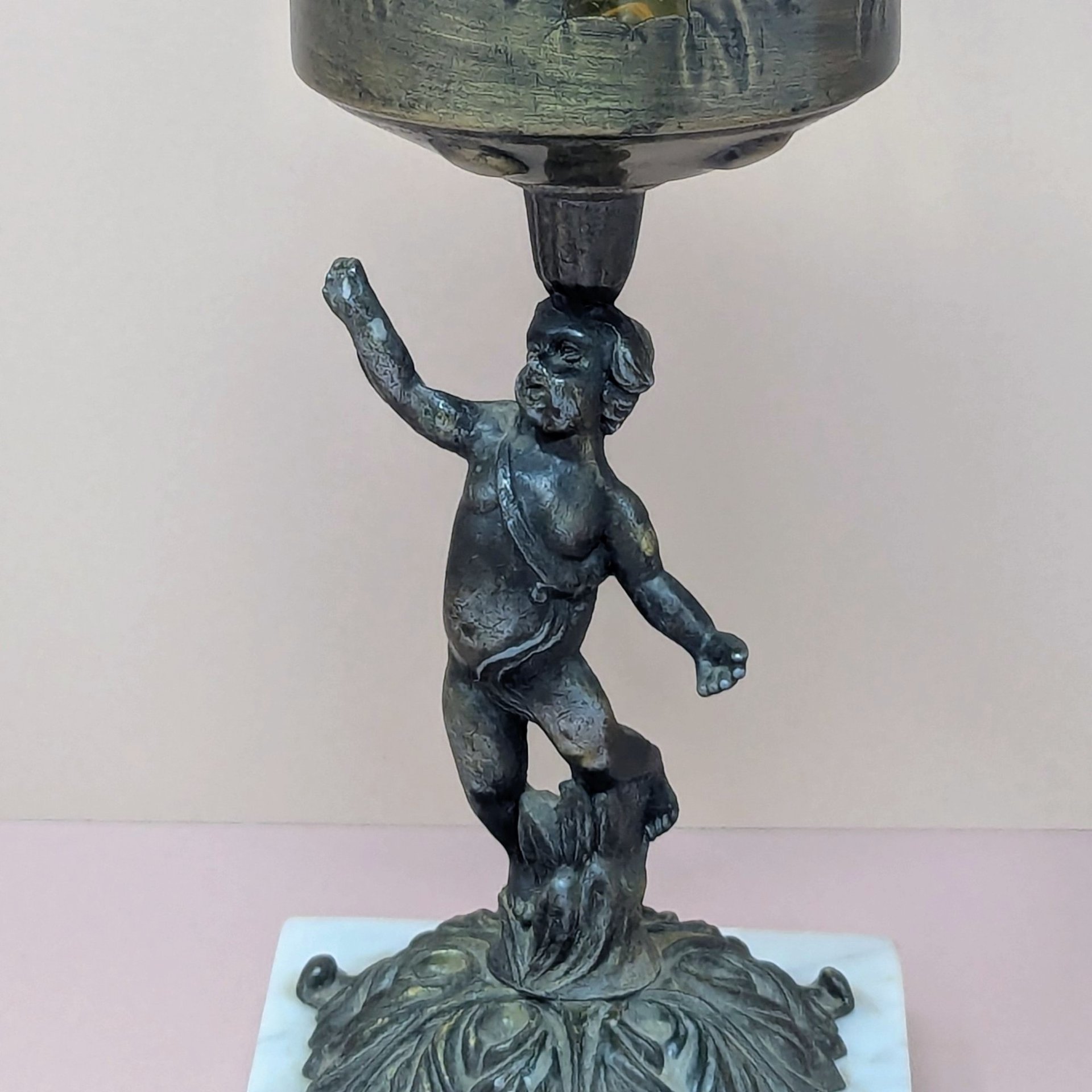 Vintage Hollywood Regency Cherub – Marble & Amber Glass Figural Candle Holder