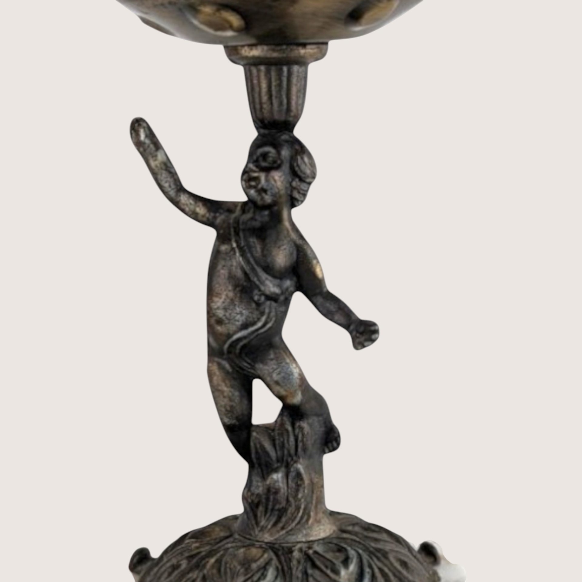 Vintage Cherub Candle Holder: Brass and Marble Amber Glass Votive