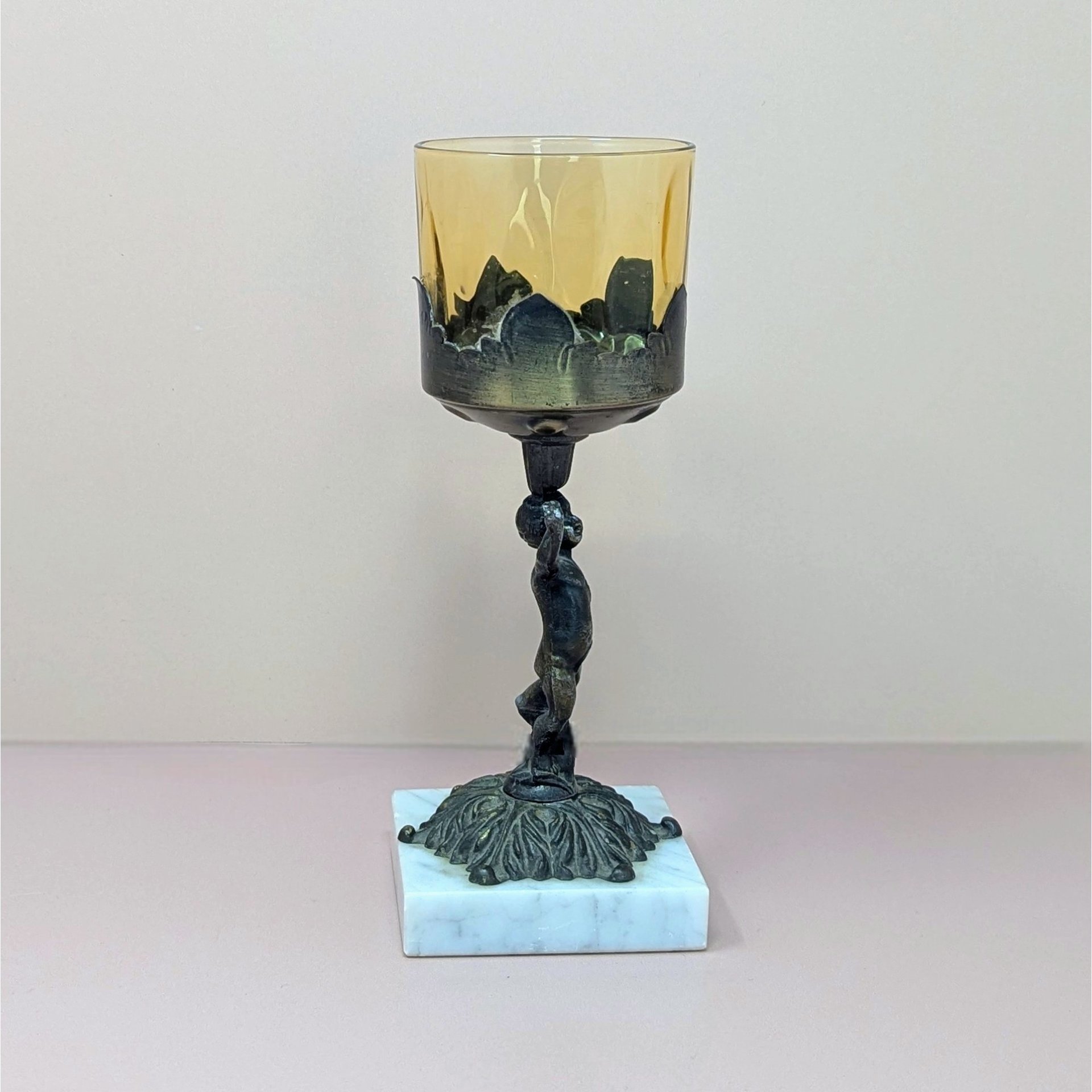 Vintage Hollywood Regency Cherub – Marble & Amber Glass Figural Candle Holder