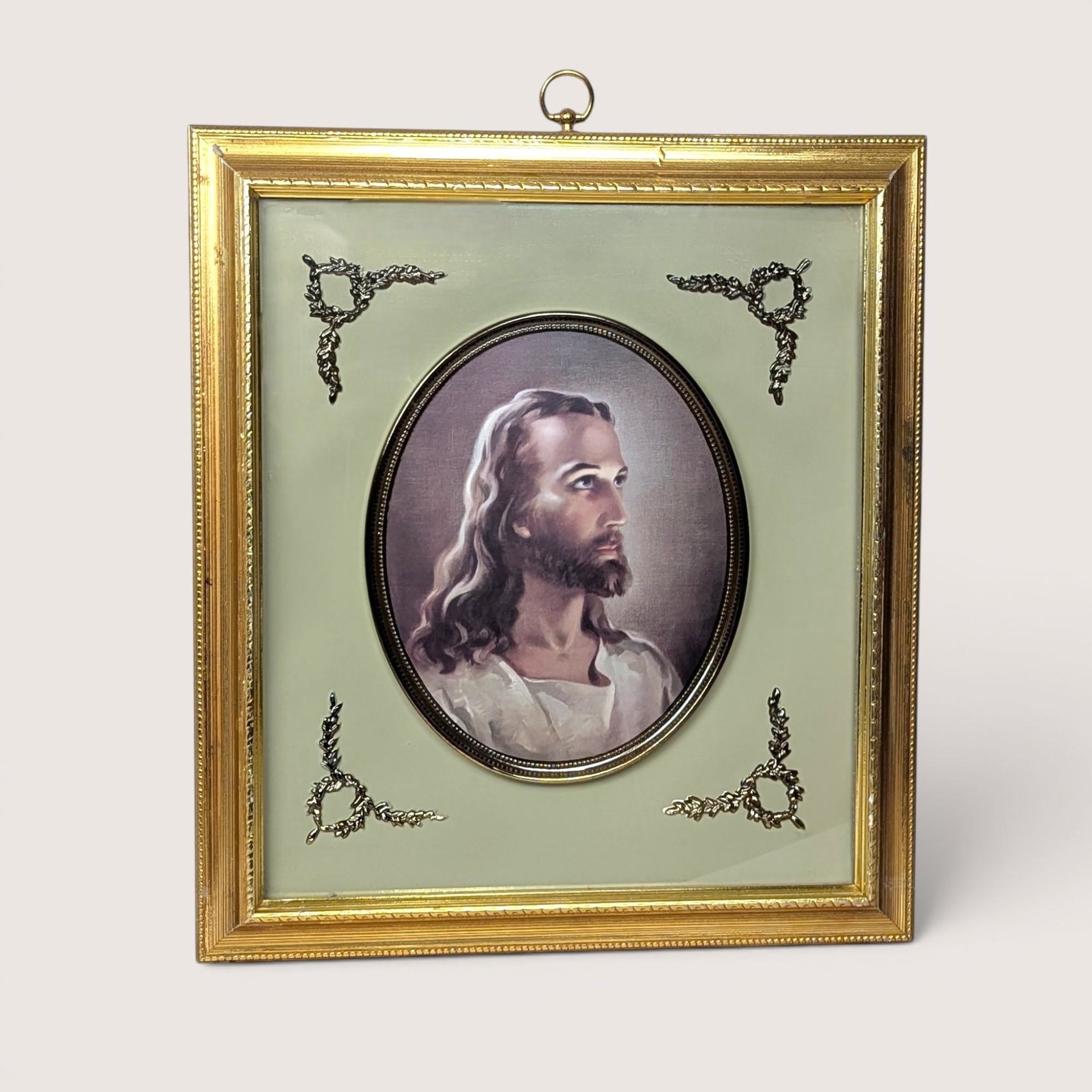 Vintage 1950s Turner framed Head of Christ portrait print by Warner Sallman with gold filigree corner accents.