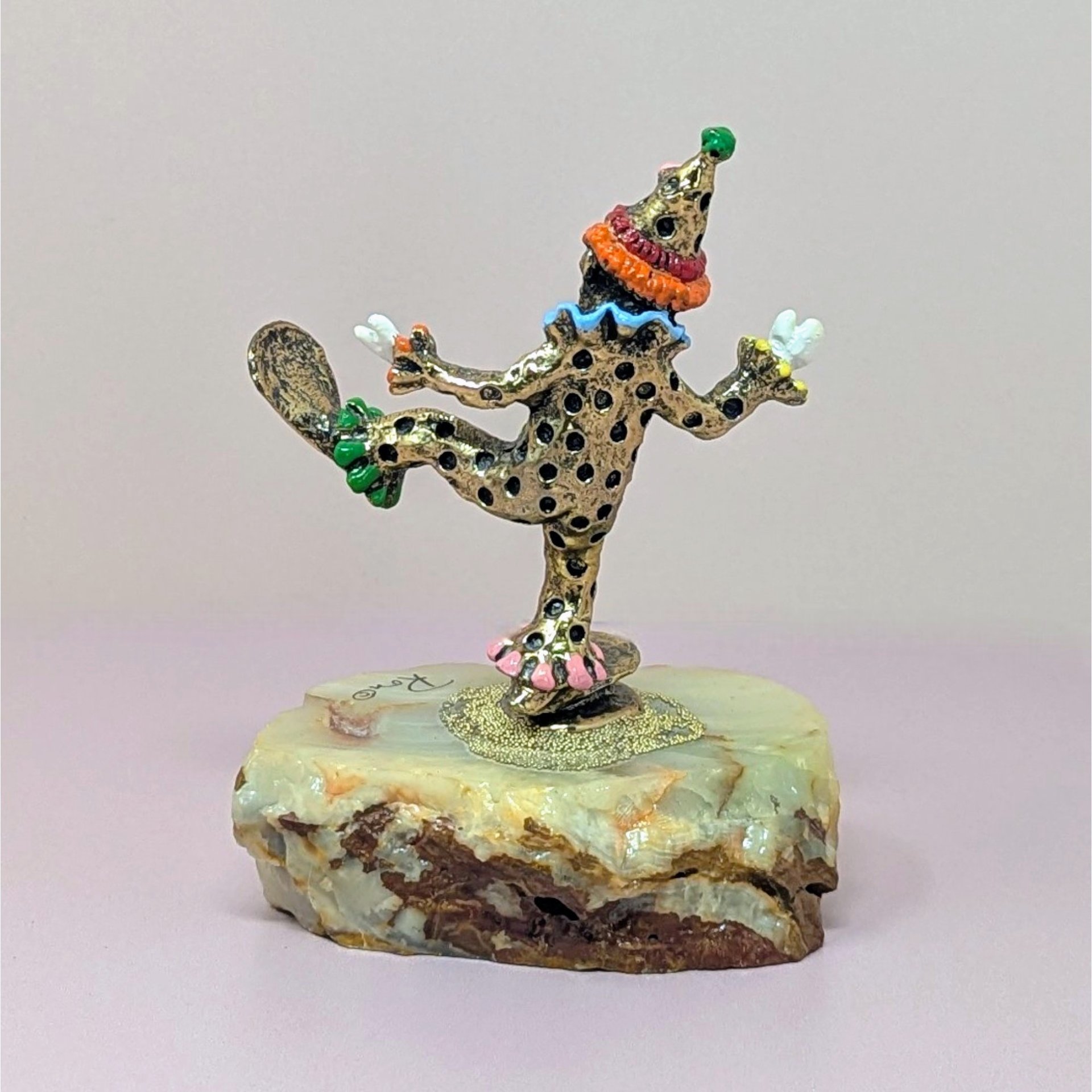 Vintage Ron Lee Dancing Pinky Clown: 24K Gold Plate & Marble