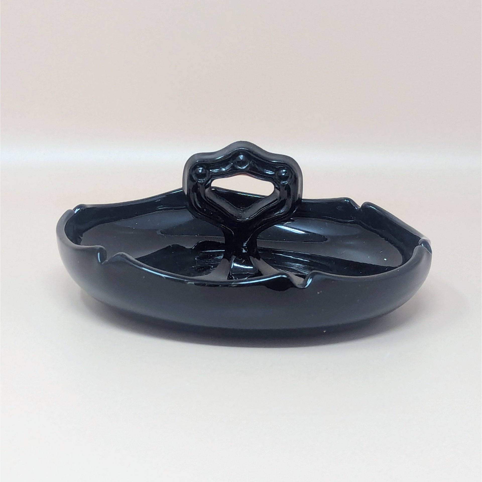 930s Unmarked Ornate Handled Dish – Art Deco Black Amethyst Glass Vanity Tray