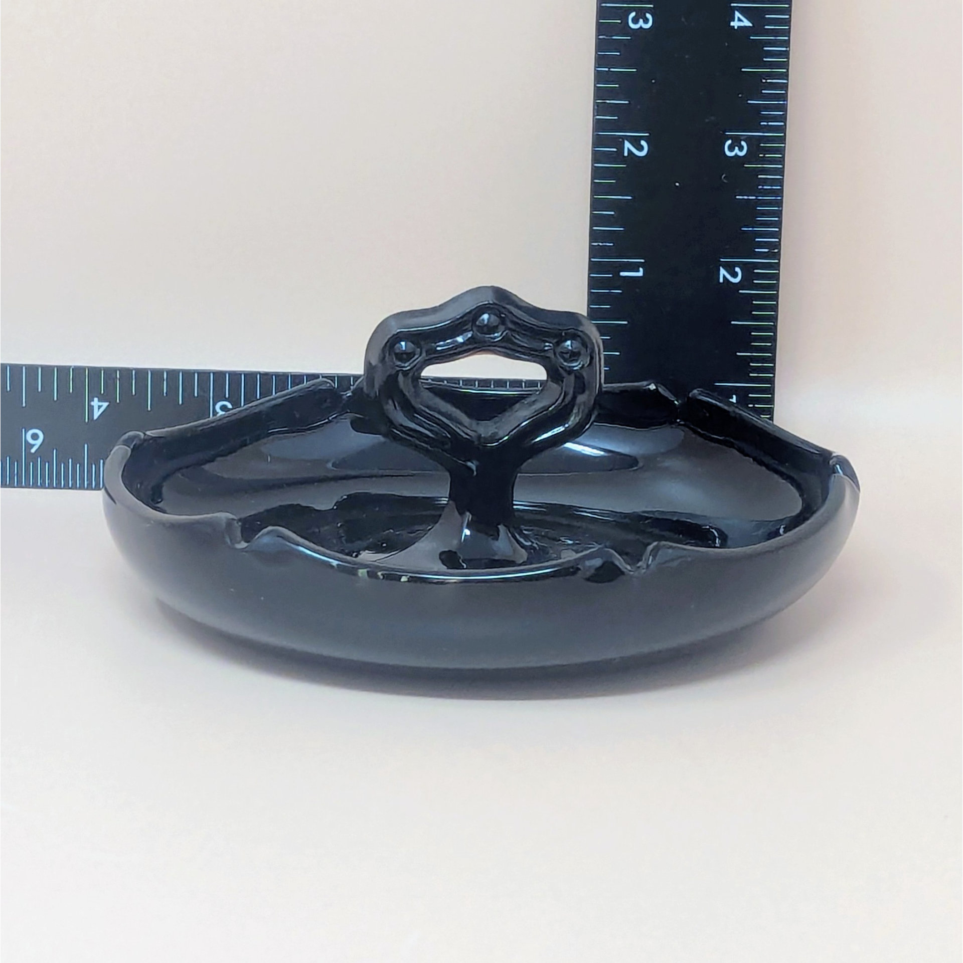 930s Unmarked Ornate Handled Dish – Art Deco Black Amethyst Glass Vanity Tray