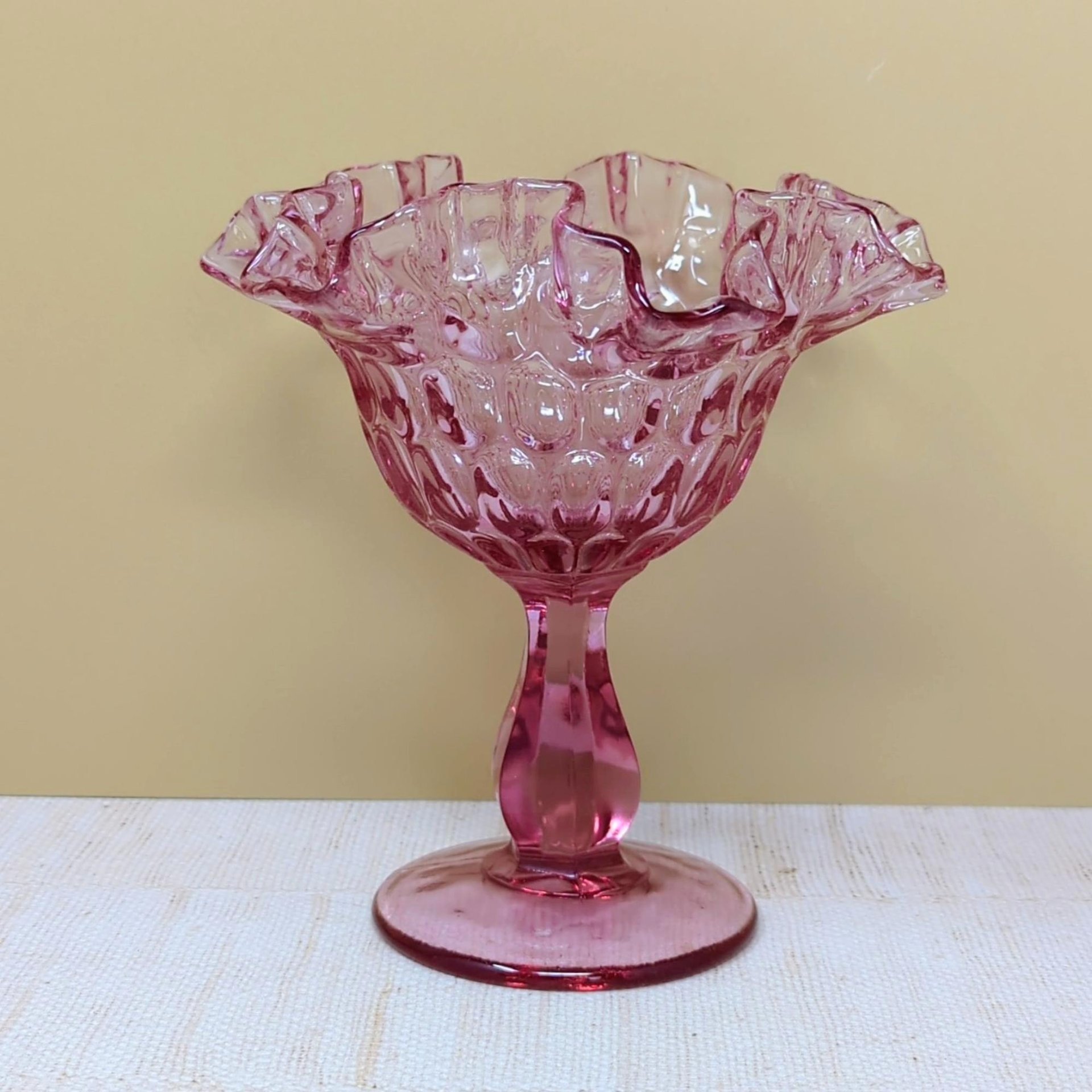 Vintage Fenton Cranberry Glass Pink Thumbprint Pedestal Compote