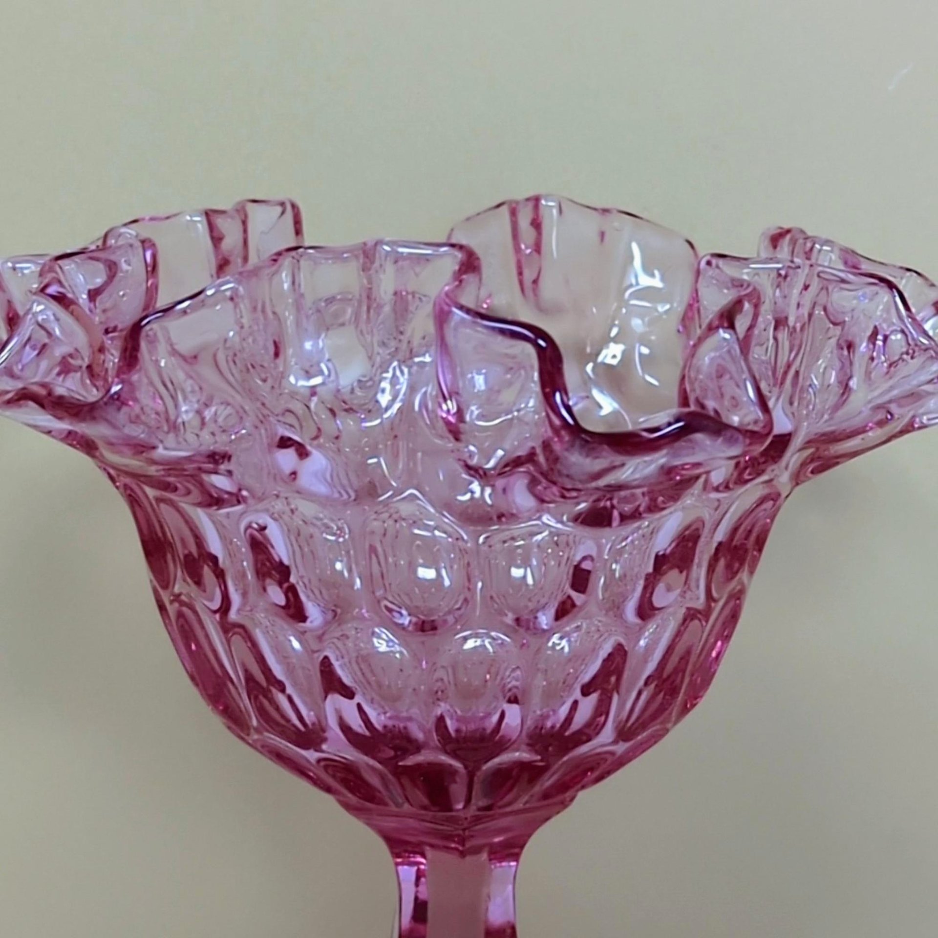 Vintage Fenton Cranberry Glass Pink Thumbprint Pedestal Compote