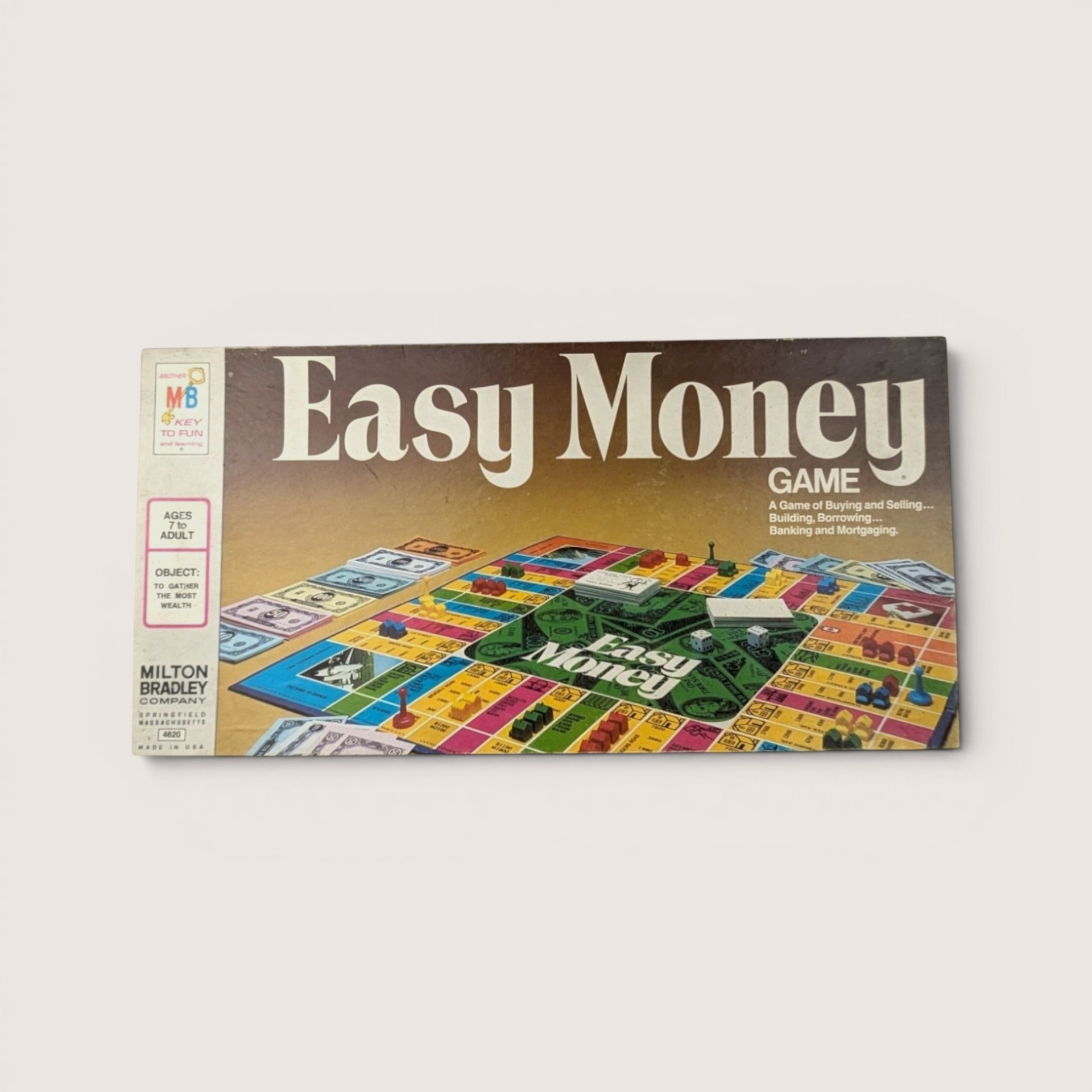 Vintage Easy Money board game box showing a full photographic view of the colorful seventies game board setup.