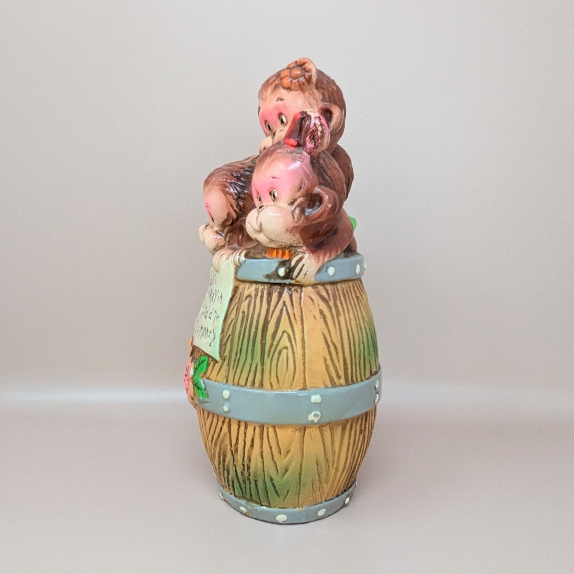 Barrel of Monkeys Ceramic Bank – Whimsical Kitschy Coin Saver